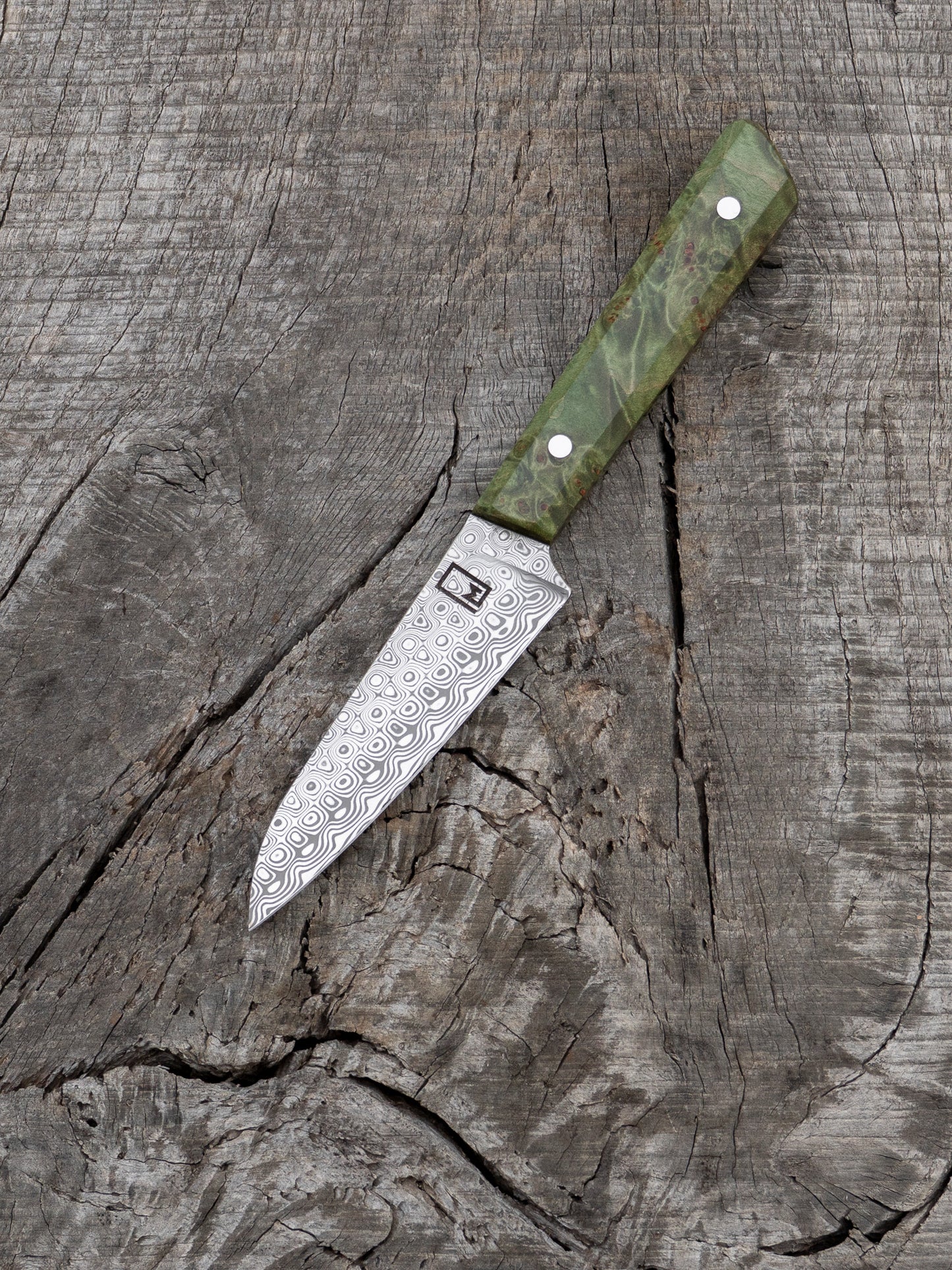 Paring – 3.75" Stainless Damascus Steel Blade & Green Dyed Maple Burl Handle