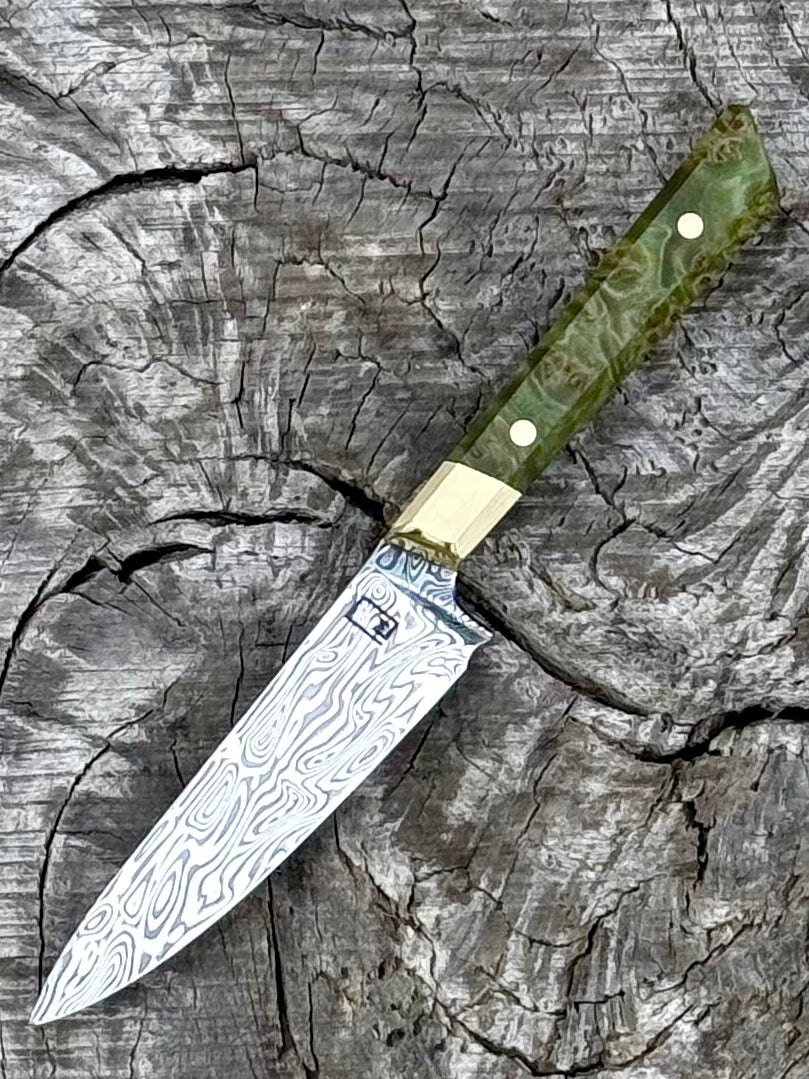 4.5" Utility Knife with Damasteel in Loki pattern, brass and green Maple burl