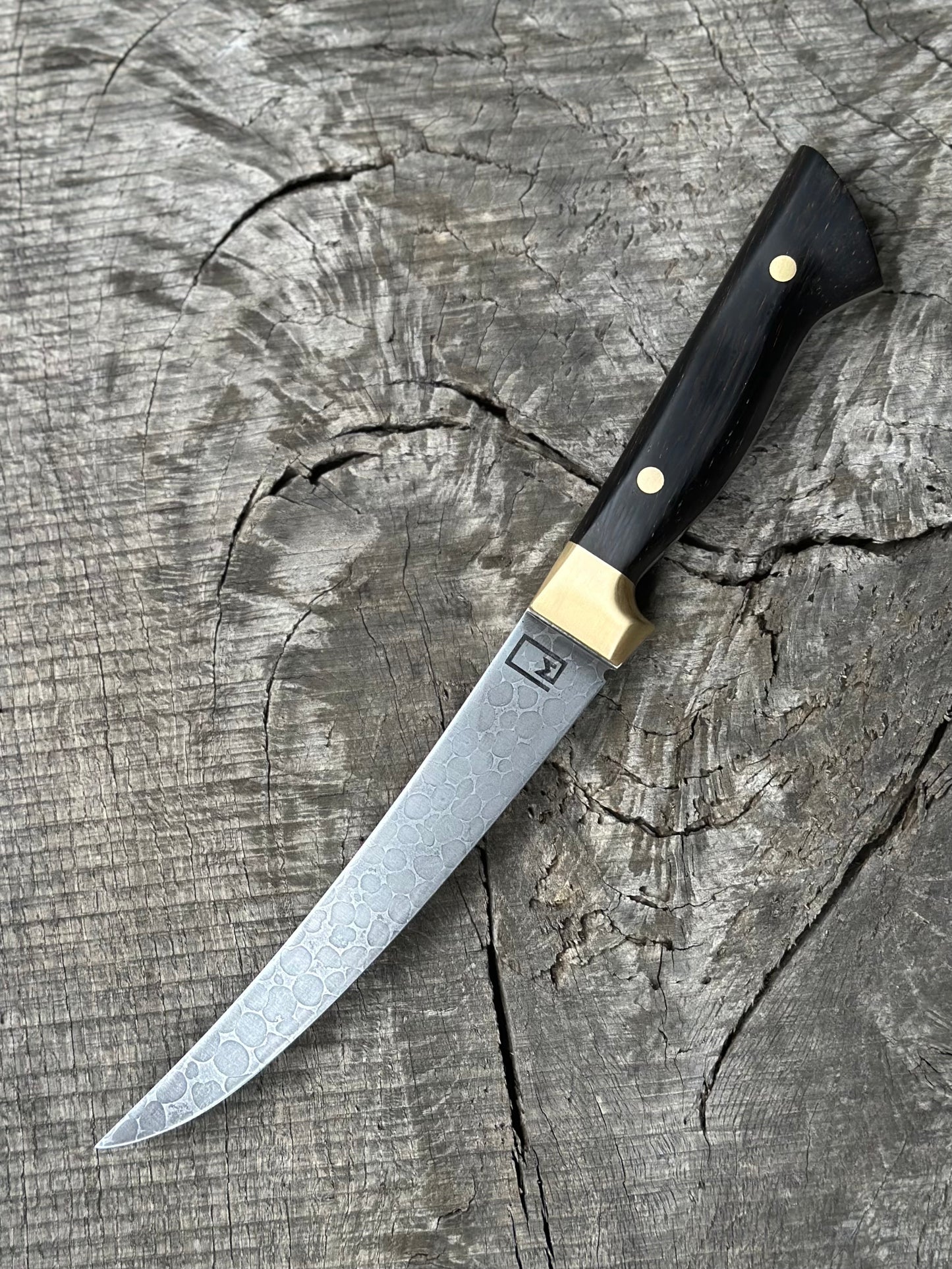 6.25" boning knife - ball bearing canister damascus with brass and black palm
