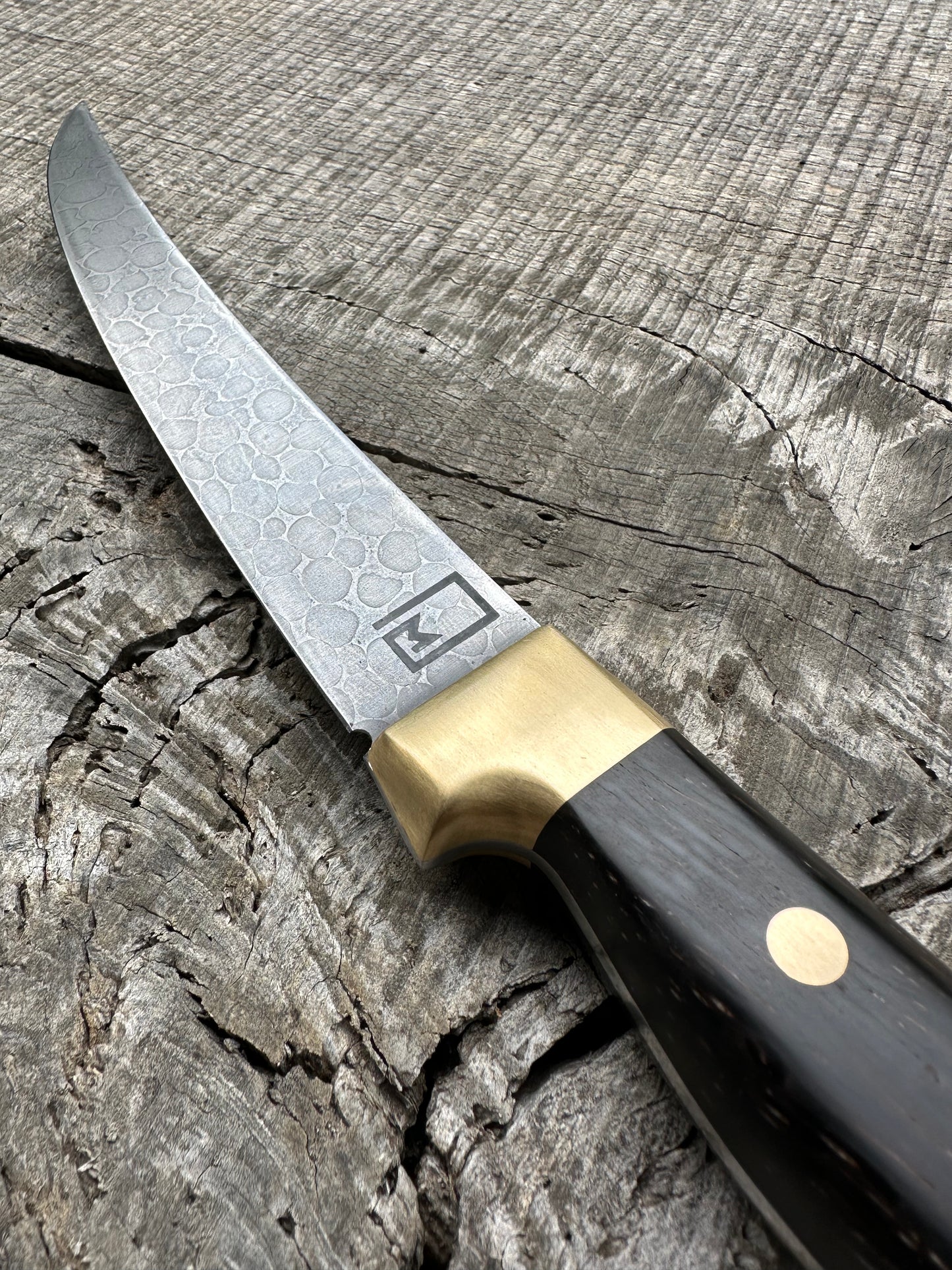 6.25" boning knife - ball bearing canister damascus with brass and black palm