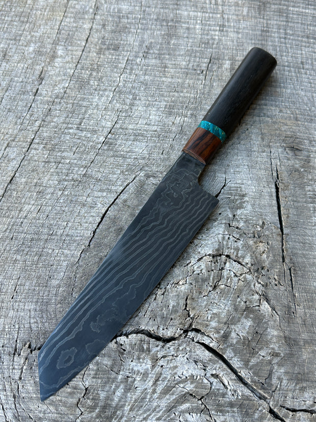 190mm/7.5" Carbon Damascus Kiritsuke of 1095/15N20 with Cocobola/Dyed Maple/ Bog Oak