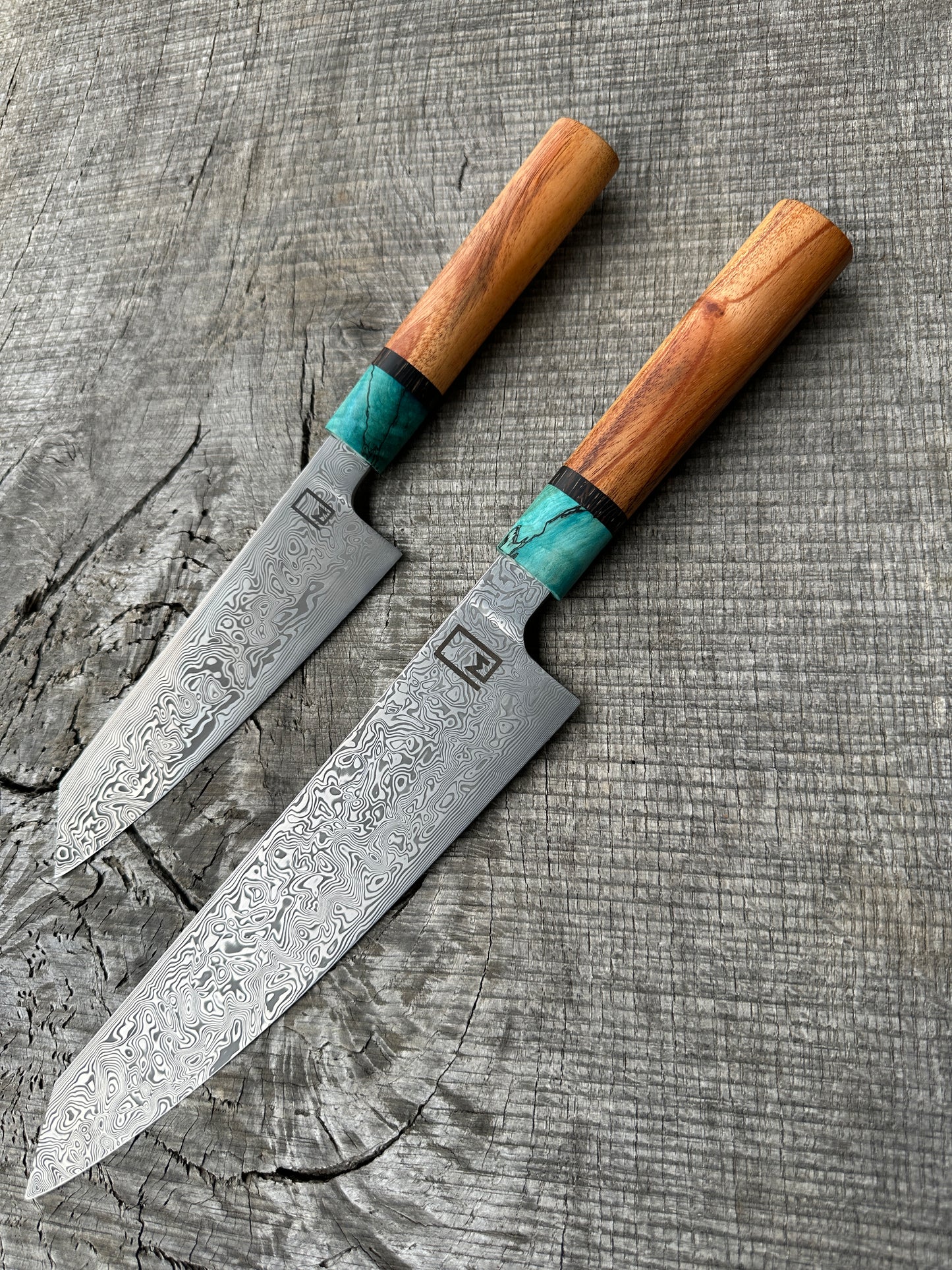 Pair of Stainless Damascus Kiritsuke and Honesuki with Hatian Mahogany, Black Palm and Dyed maple, and brass