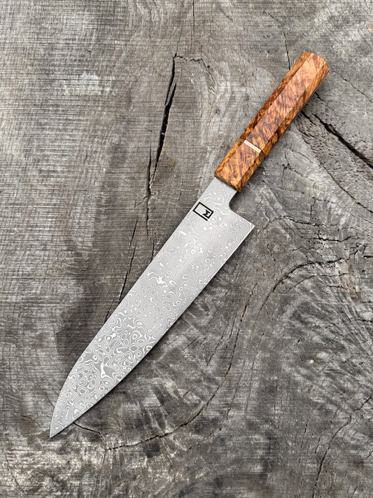 Gyuto – 9.5" Stainless Damascus Steel Blade, Maple Burl & Copper Handle