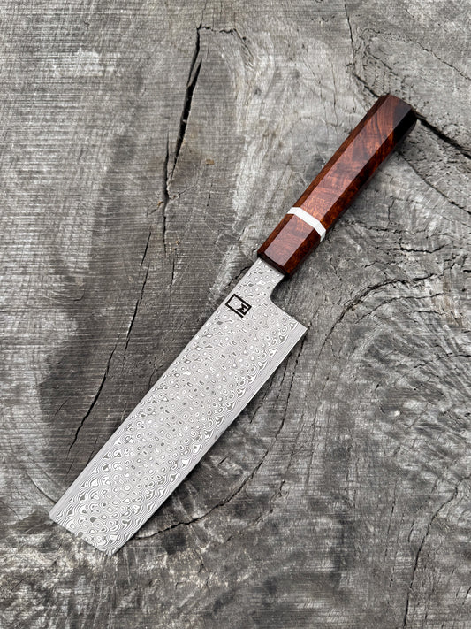 Nakiri – 7" Stainless Damascus Steel Blade, Desert Iron Wood & Corian Handle