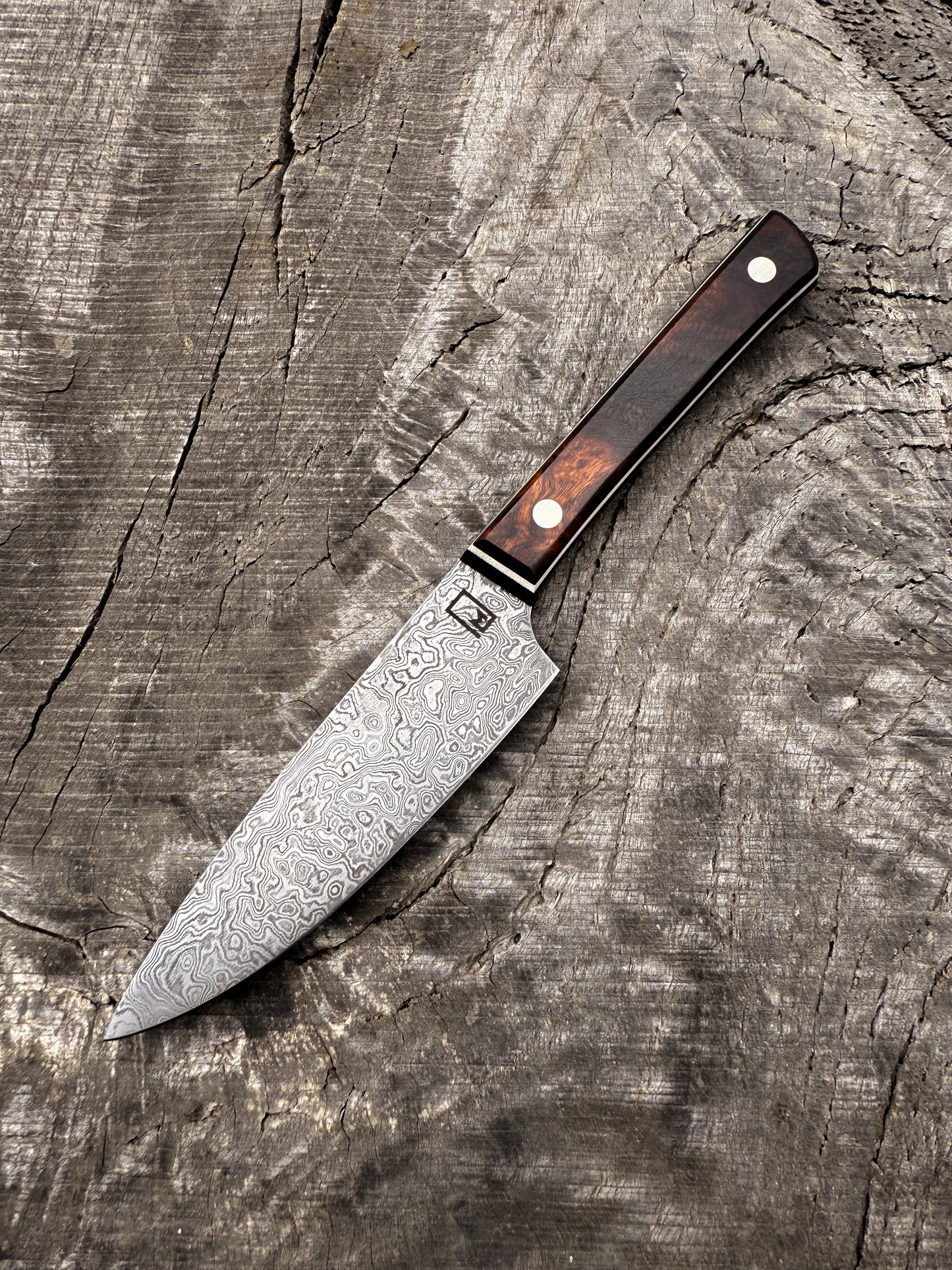 Petty – 4.75" Carbon Damascus Steel Blade, Desert Iron Wood & G10 Handle