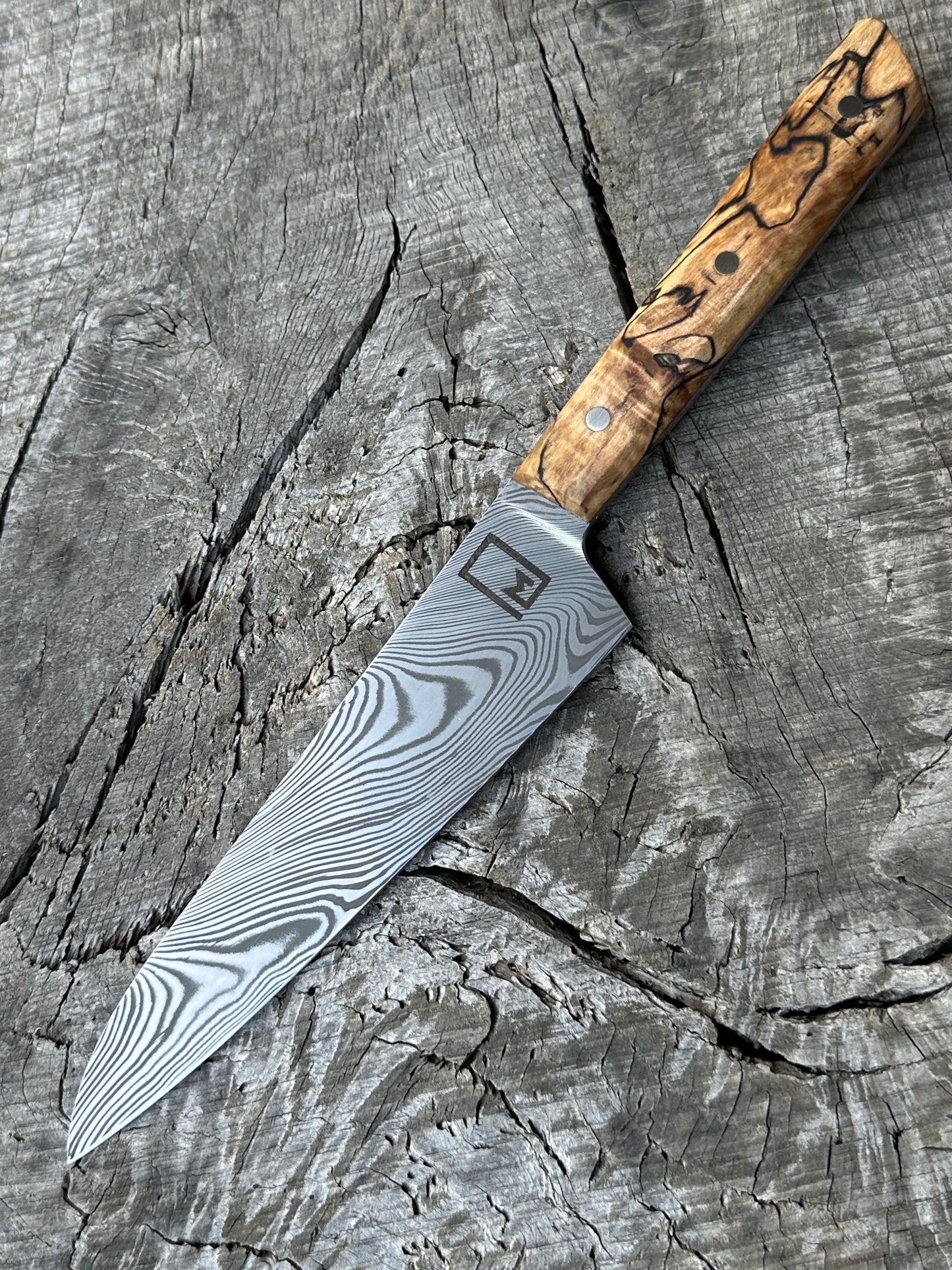 165mm/6.5" Stainless Damascus Honesuki with Spalted Maple and Stainless hardware