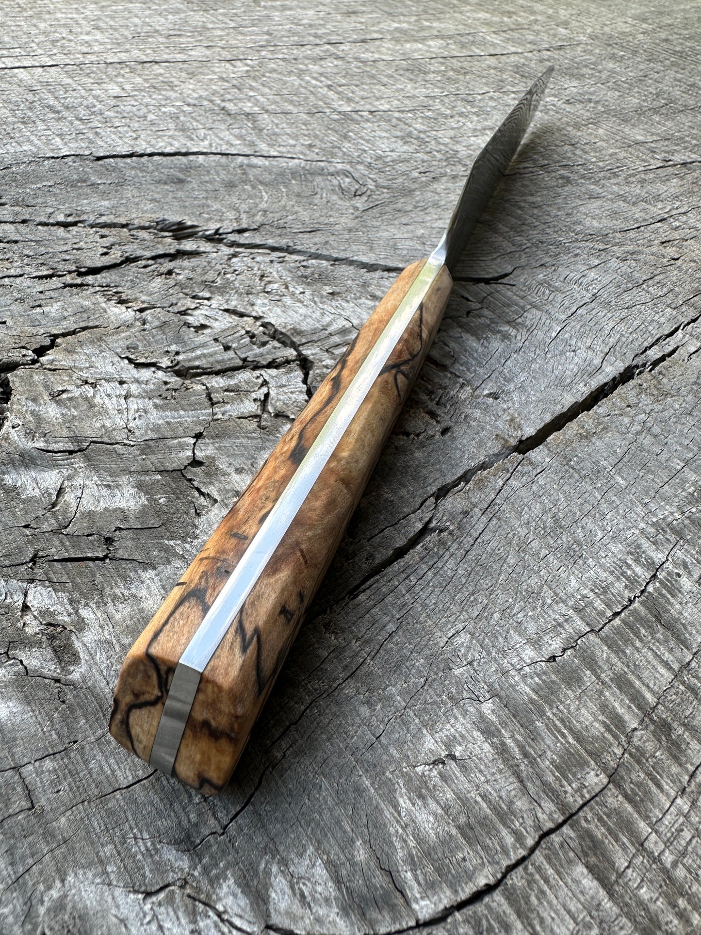 165mm/6.5" Stainless Damascus Honesuki with Spalted Maple and Stainless hardware