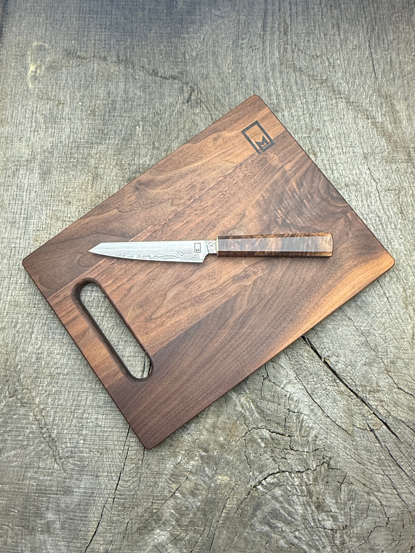 Charcuterie Knife & Board Set - Stainless Damascus and Walnut 4.5"