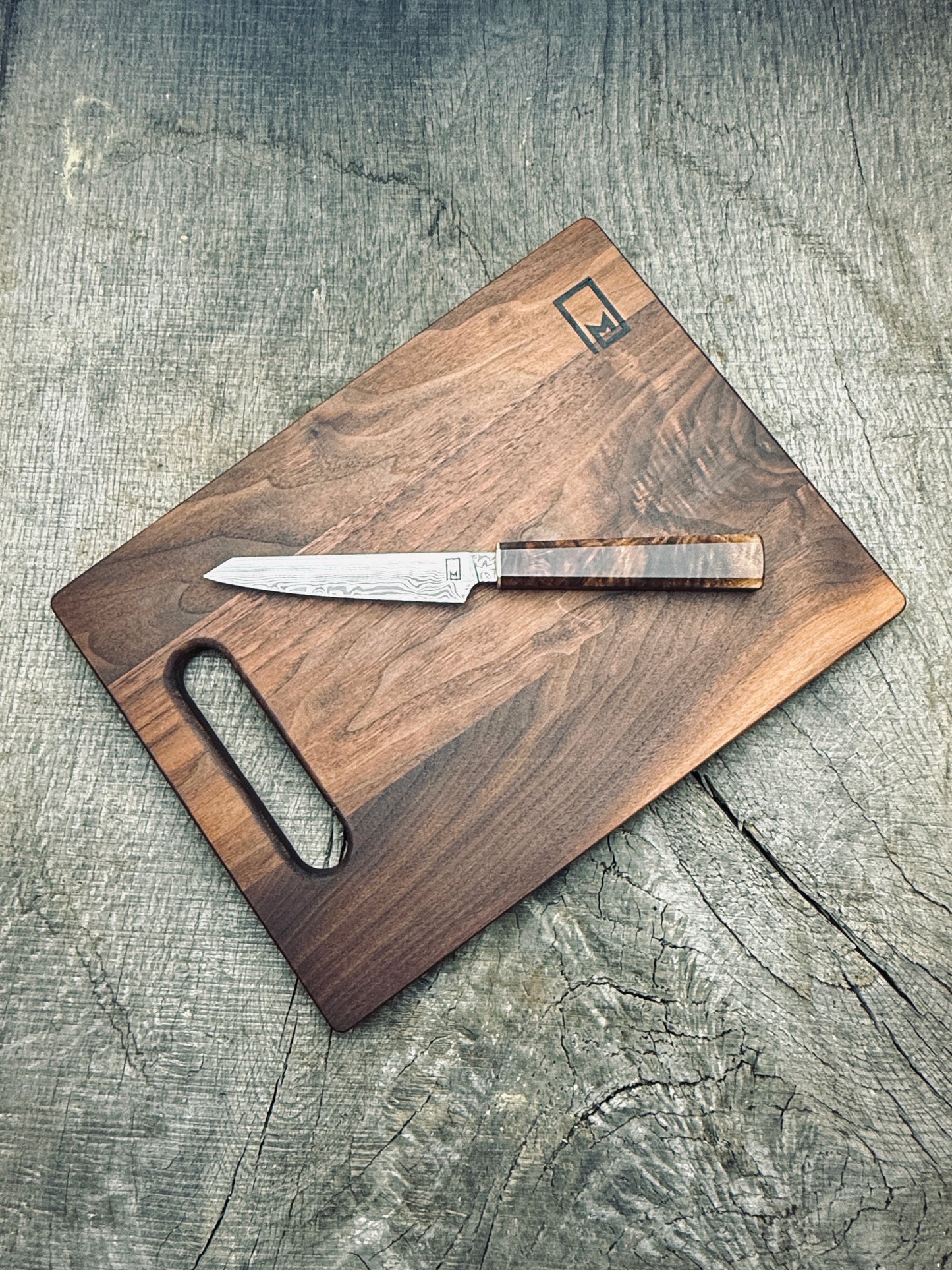 Charcuterie Knife & Board Set - Stainless Damascus and Walnut 4.5"