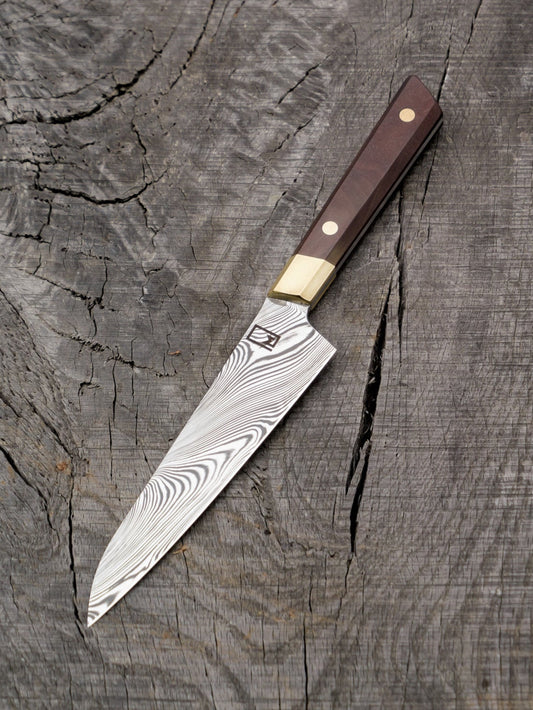 Fusion Honesuke – 6" Stainless Damascus Blade, Walnut & Brass Handle