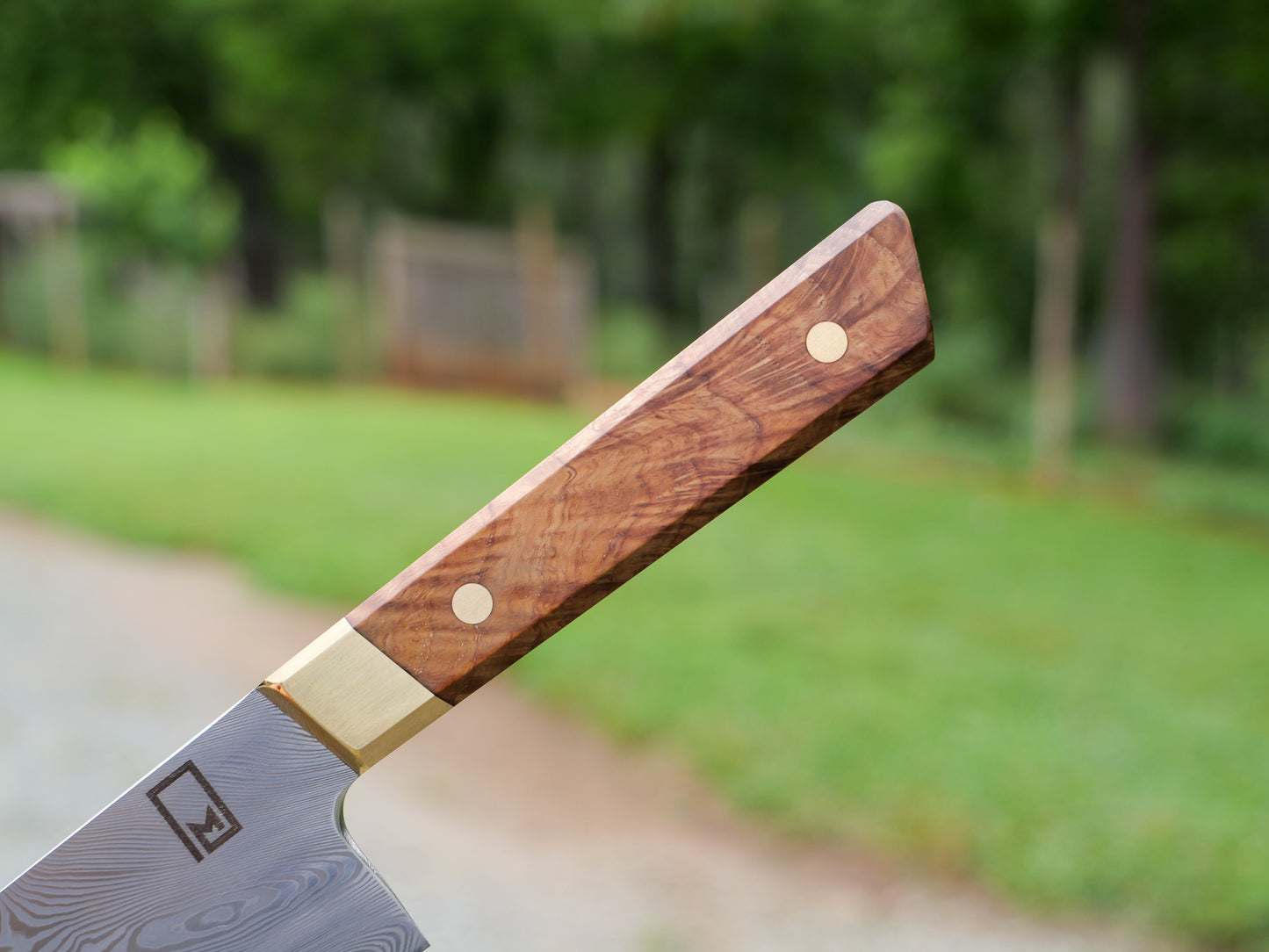 Fusion Chef's Knife – 8.5" Stainless Damascus Blade, Figured White Oak & Brass Handle