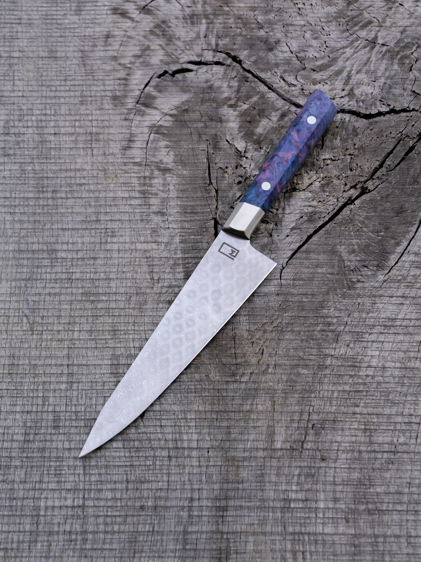 Hybrid Chef – 7.75" Stainless Damascus Steel Blade, Dyed Maple Burl and Nickel Silver Handle