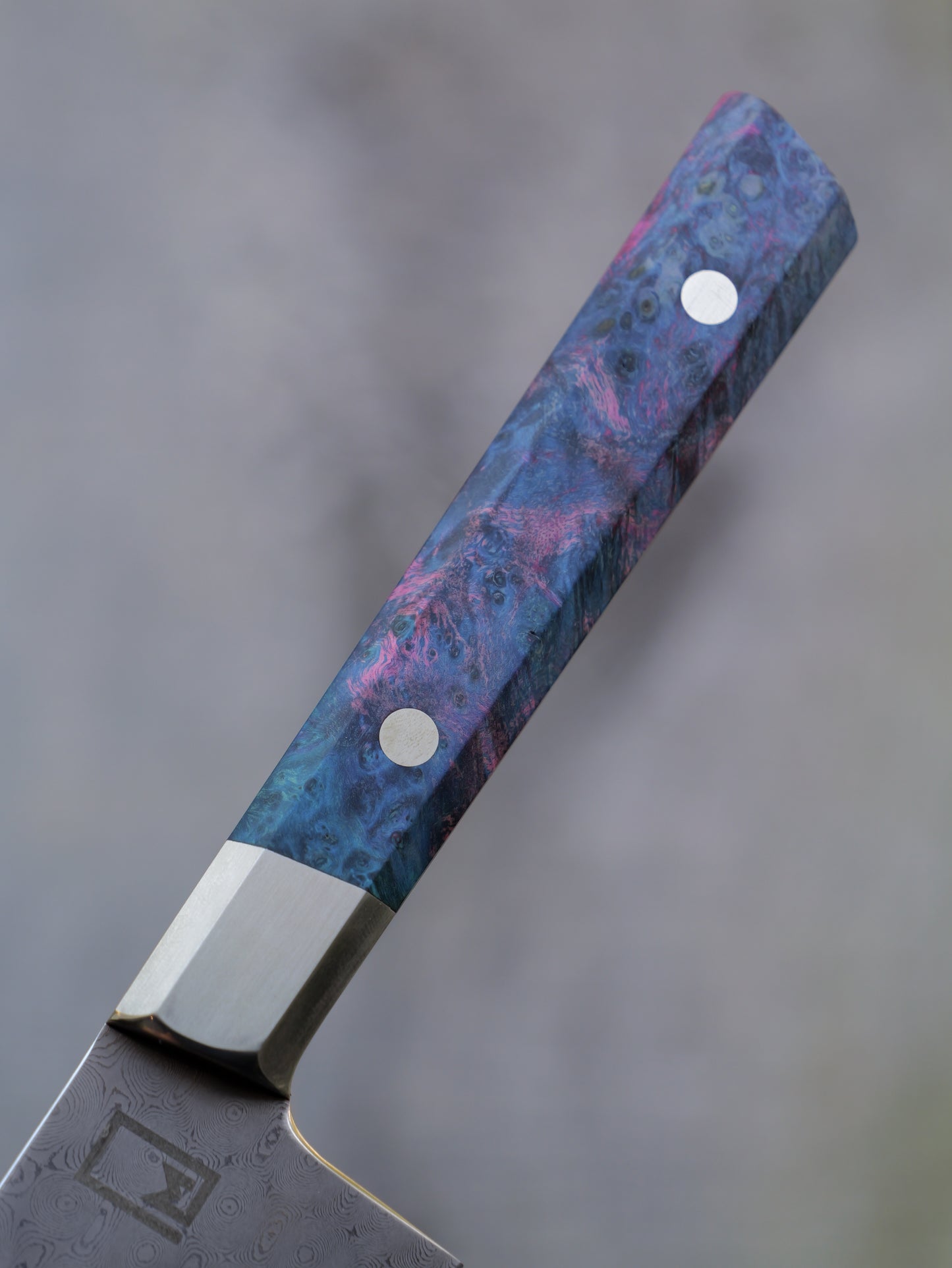 Hybrid Chef – 7.75" Stainless Damascus Steel Blade, Dyed Maple Burl and Nickel Silver Handle