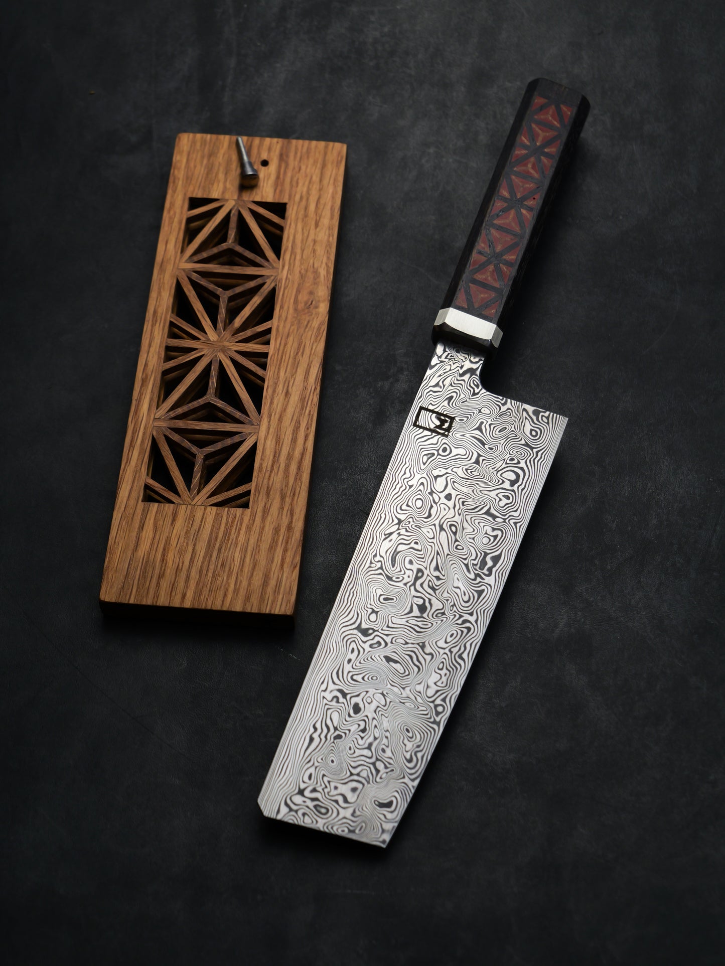 Nakiri – 7" Stainless Damascus Steel Blade, Bog Oak and White Oak Kumiko Handle
