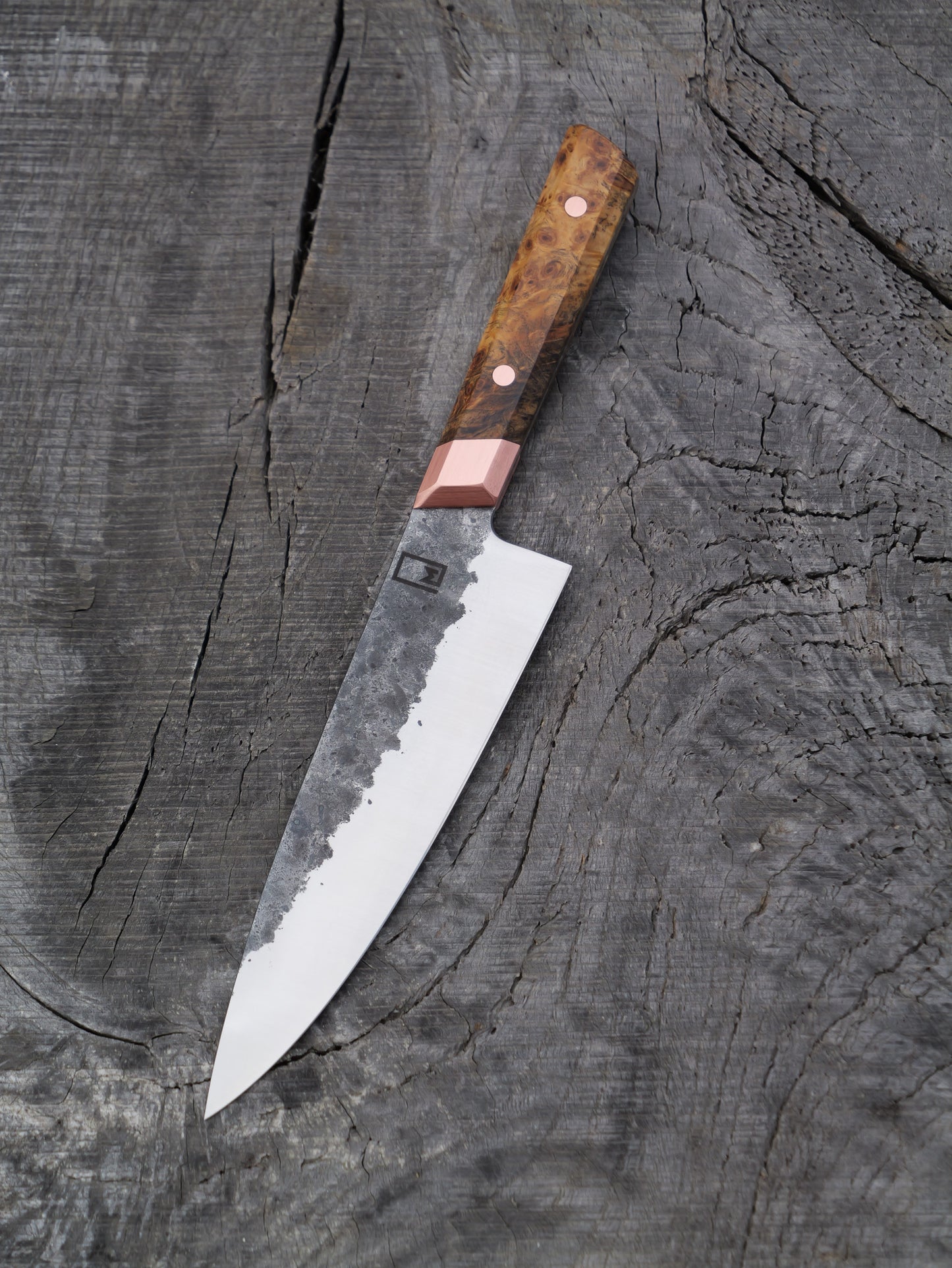 Chef's Knife – 7.5" Hand Forged Stainless Steel Blade, River Birch Burl and Copper Handle