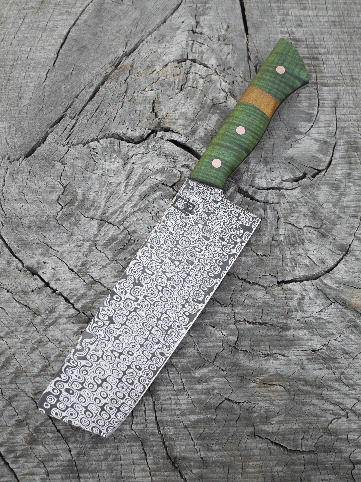 Nakiri – 7" Carbon Damascus Blade, Dyed Mangowood & Osage Orange Handle