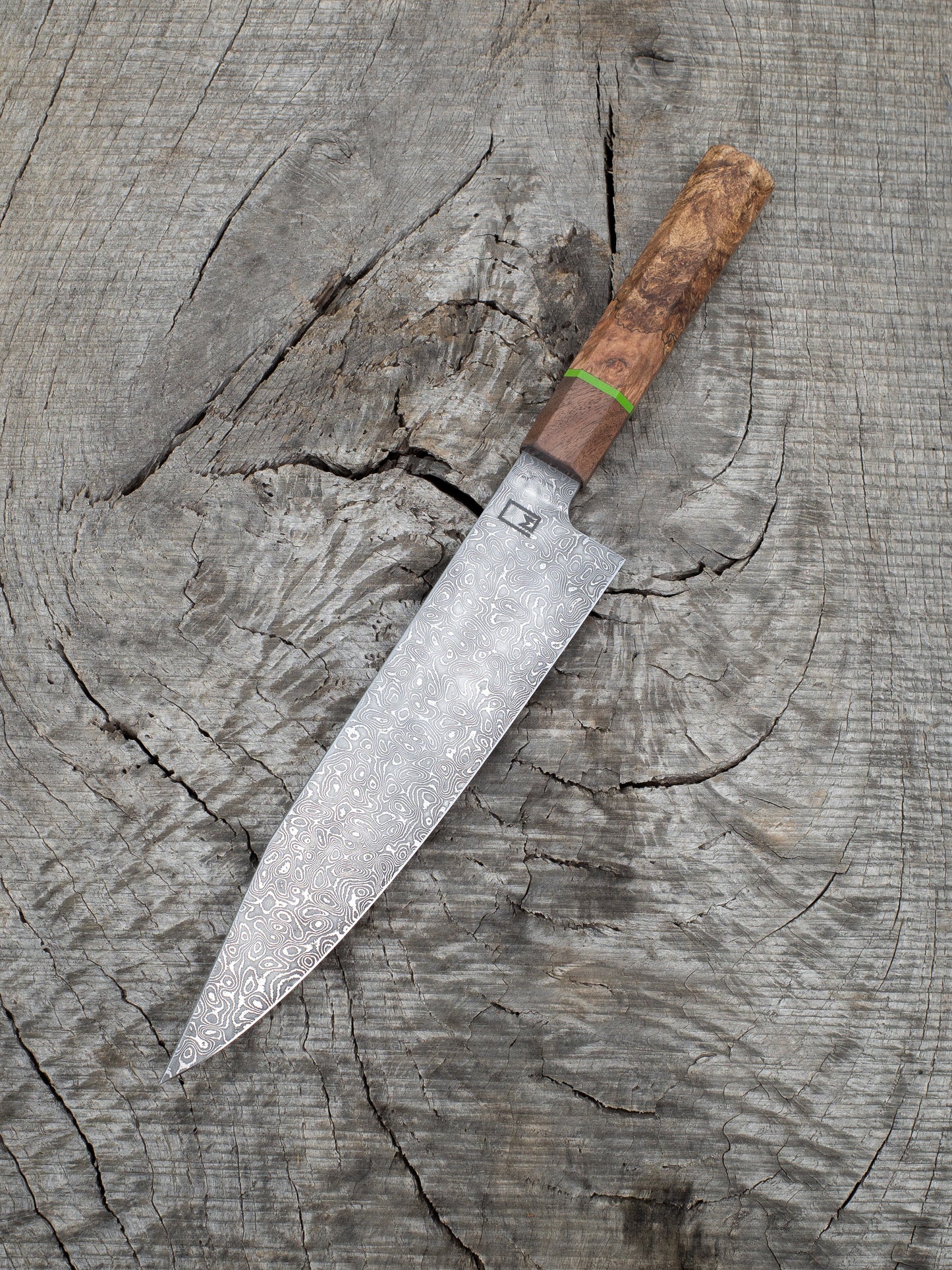 Gyuto – 9" Stainless Damascus Steel Blade, Walnut & Maple Burl Handle
