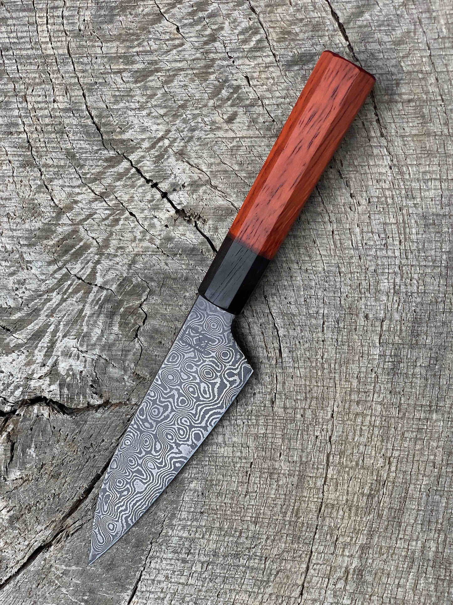 5.5" Carbon Damascus Honesuki with Paduk and Rosewood