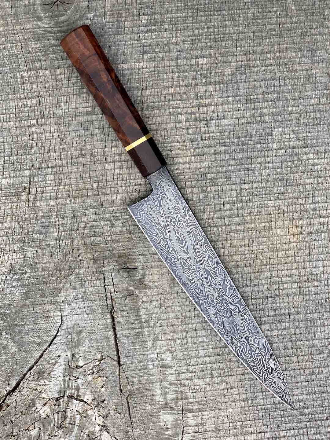 230mm/9" Carbon Damascus Gyuto with Figured Walnut, Bronze and Rosewood