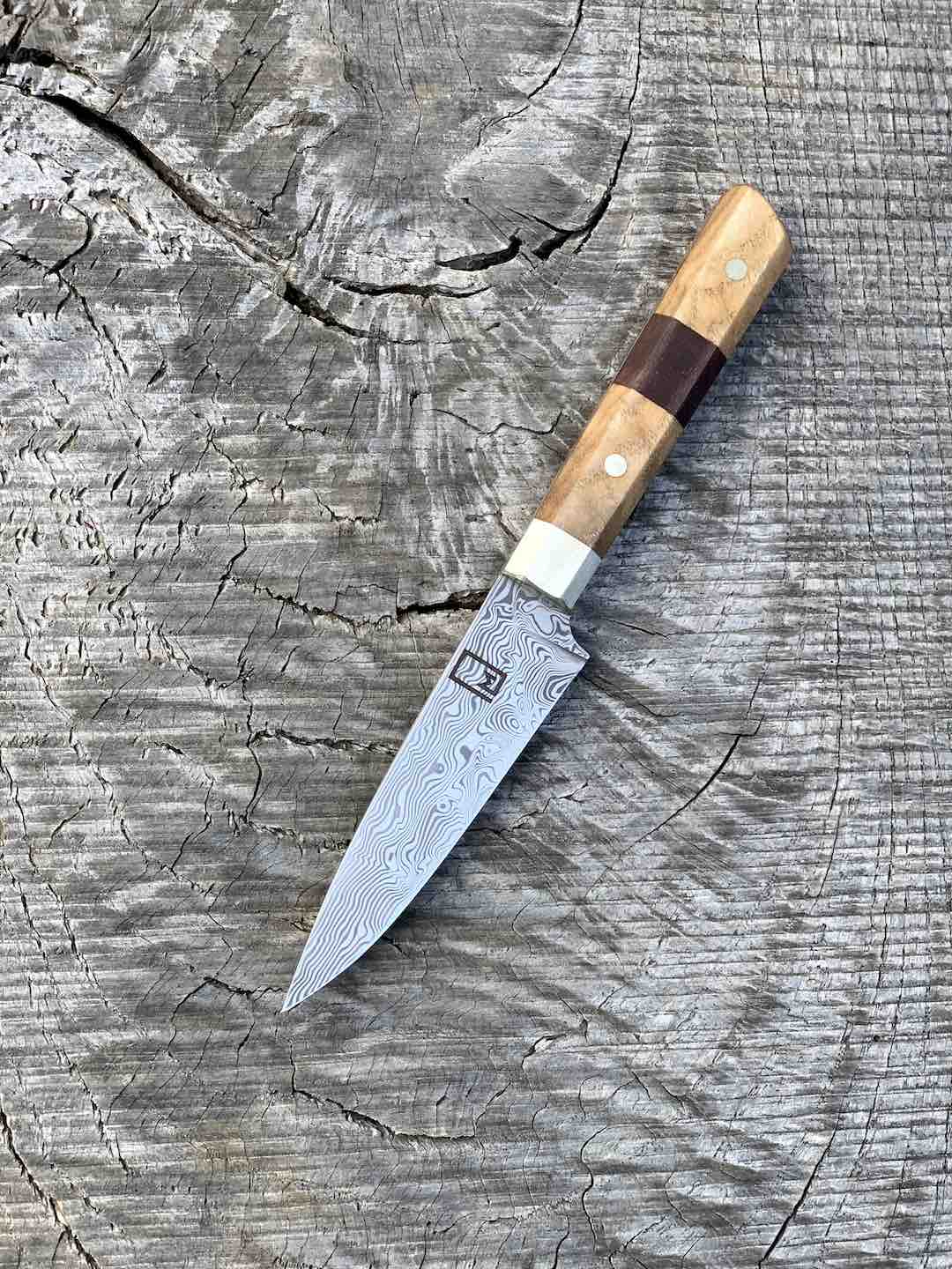 3.5" Stainless Damascus Paring Knife with Walnut and Black Ash