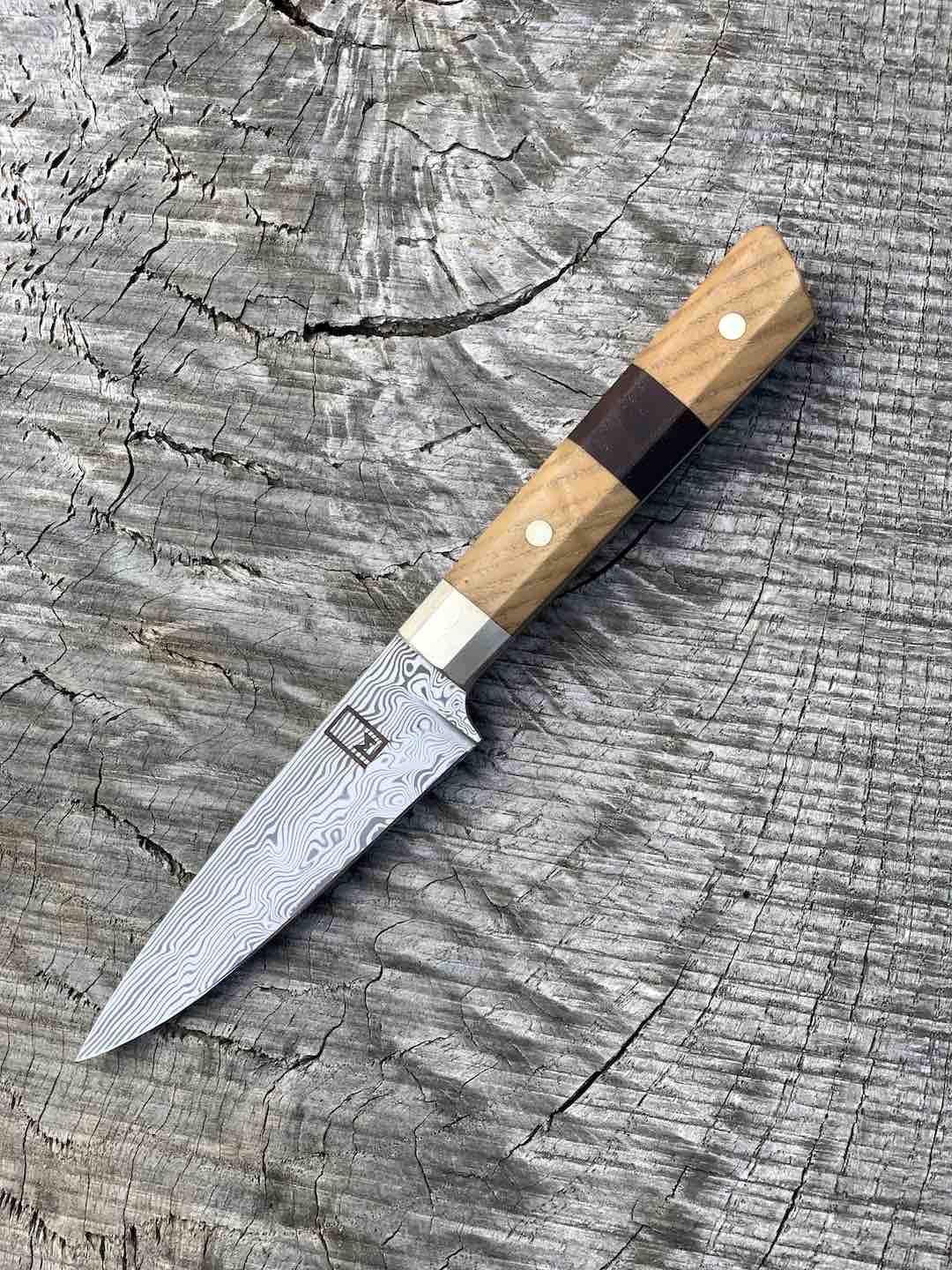 3.5" Stainless Damascus Paring Knife with Walnut and Black Ash