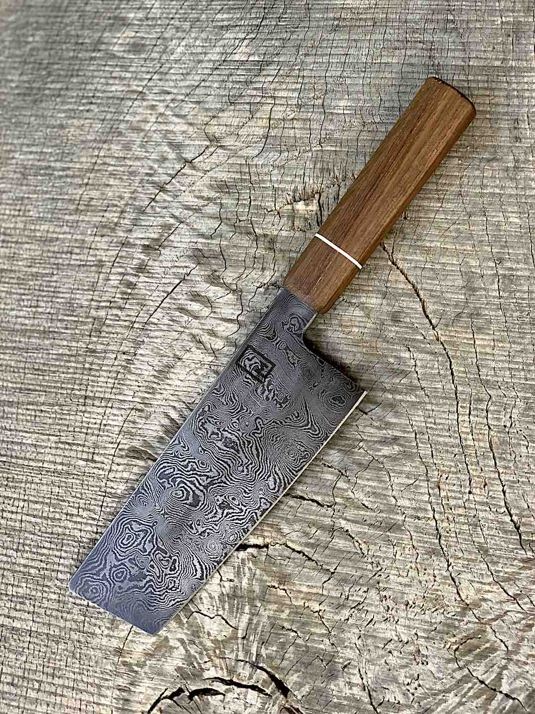 178mm/7" Carbon Damascus Nakiri with Teak and G10