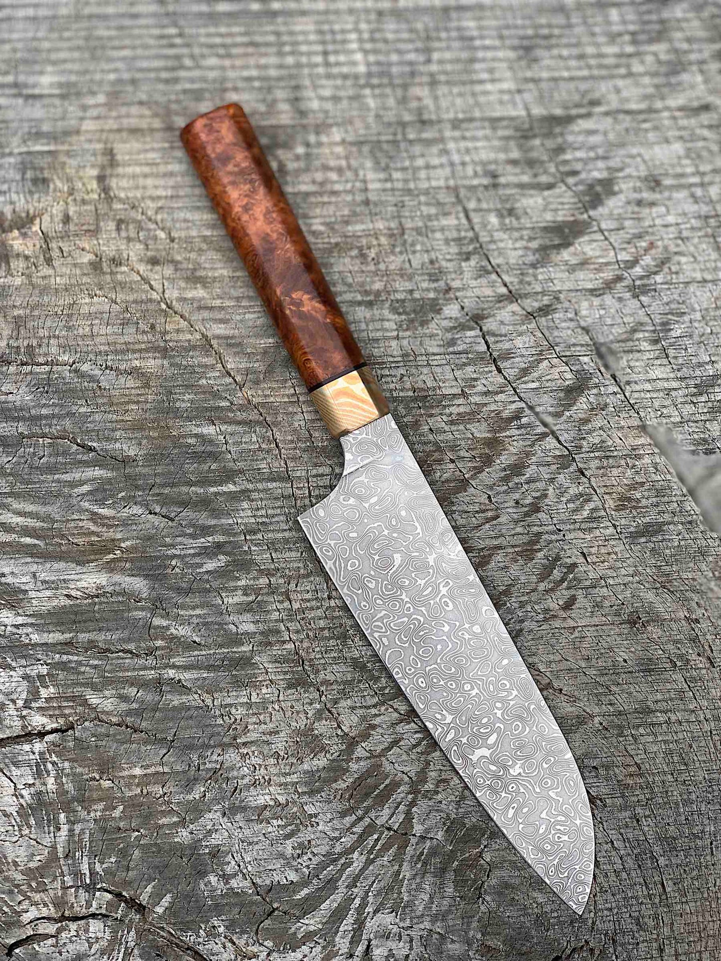 190mm/7.5" Stainless Damascus Santoku with Amboyna Burl and Mokume