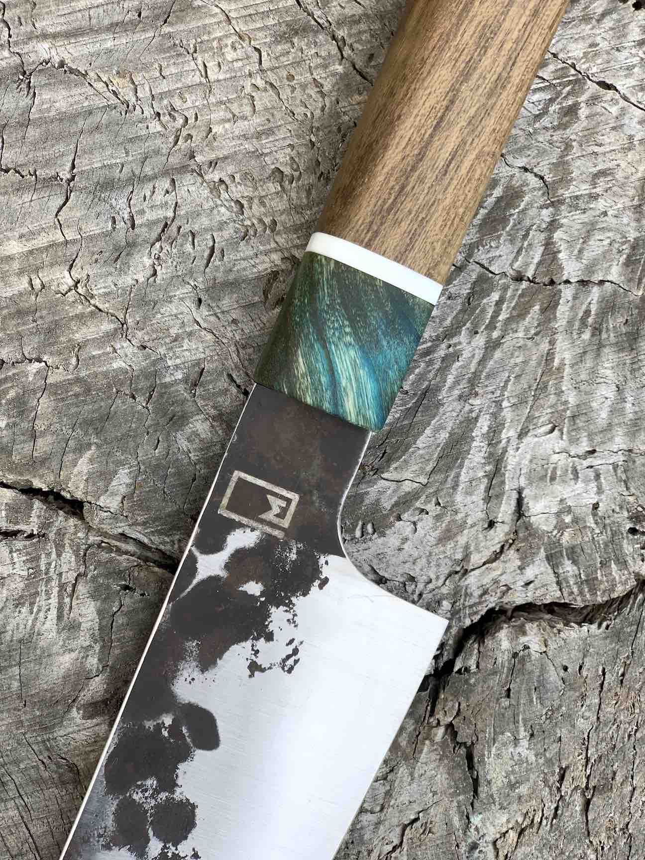 178mm/7" K-tip Chef with Dyed Koa, Corian and Reclaimed Teak