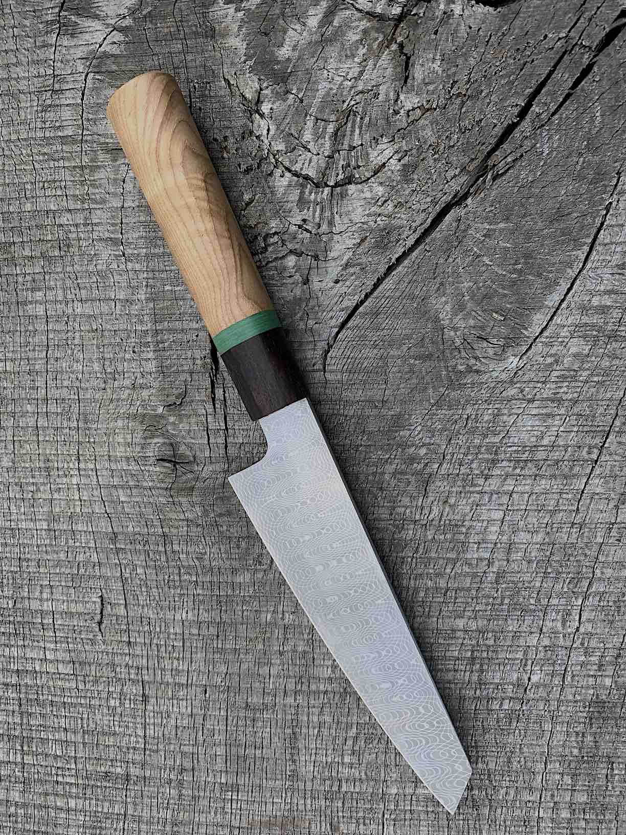 150mm/6" Stainless Damascus Honesuki with Ziricote, Black Ash and Micarta