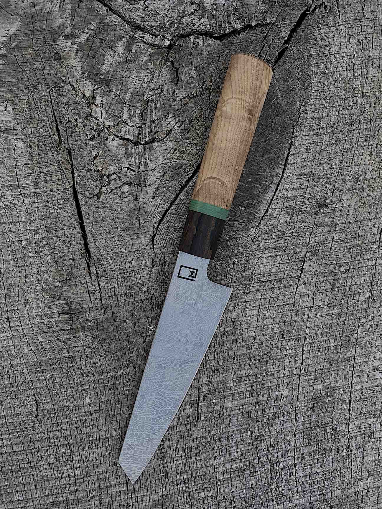150mm/6" Stainless Damascus Honesuki with Ziricote, Black Ash and Micarta