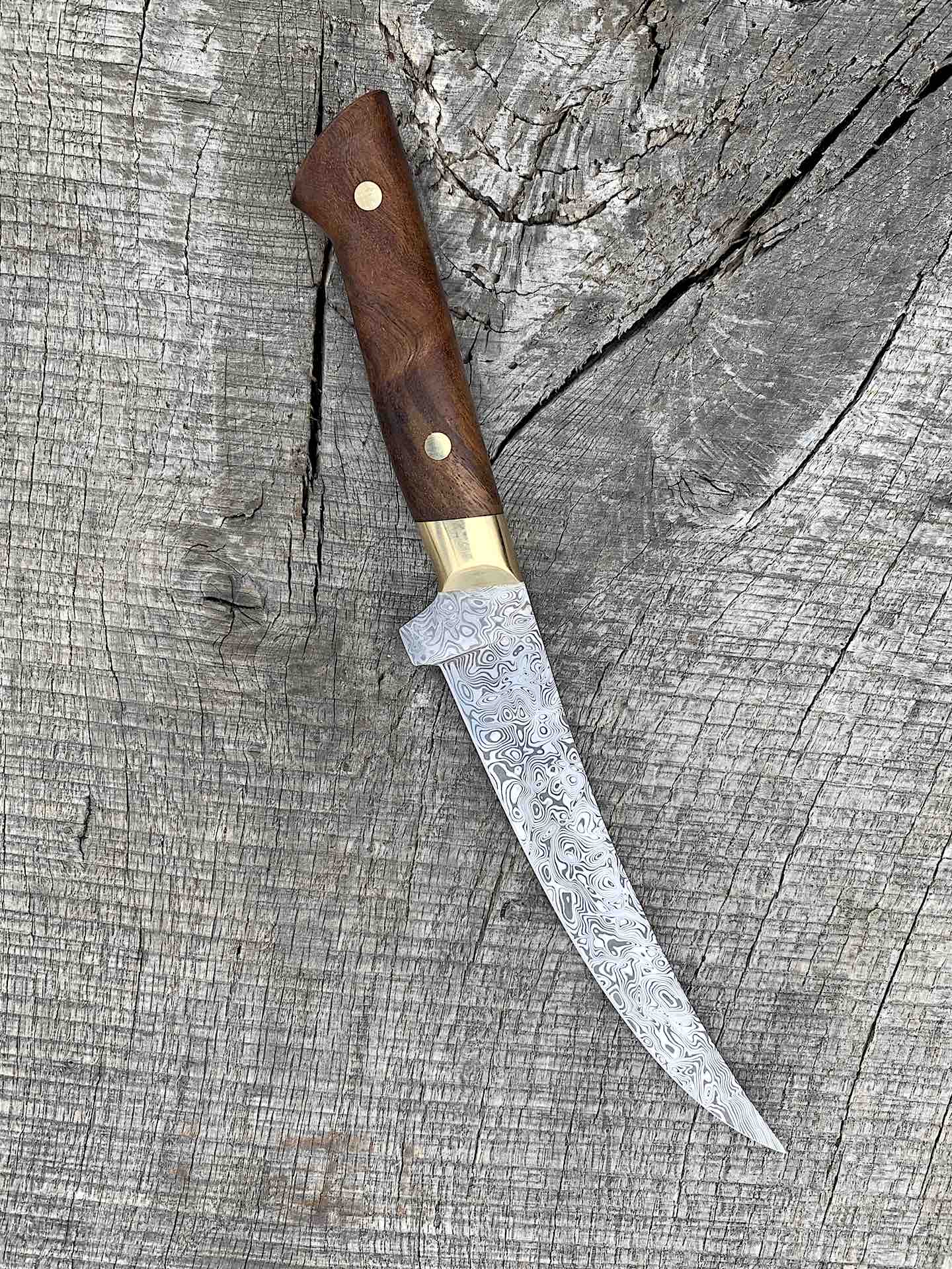 6.5" Stainless Damascus Boning Knife with Koa and Brass