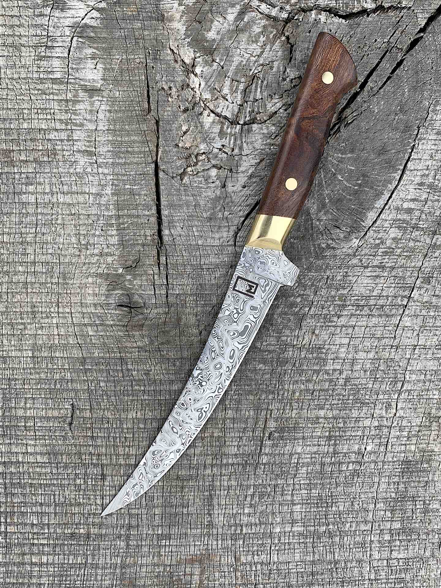 6.5" Stainless Damascus Boning Knife with Koa and Brass
