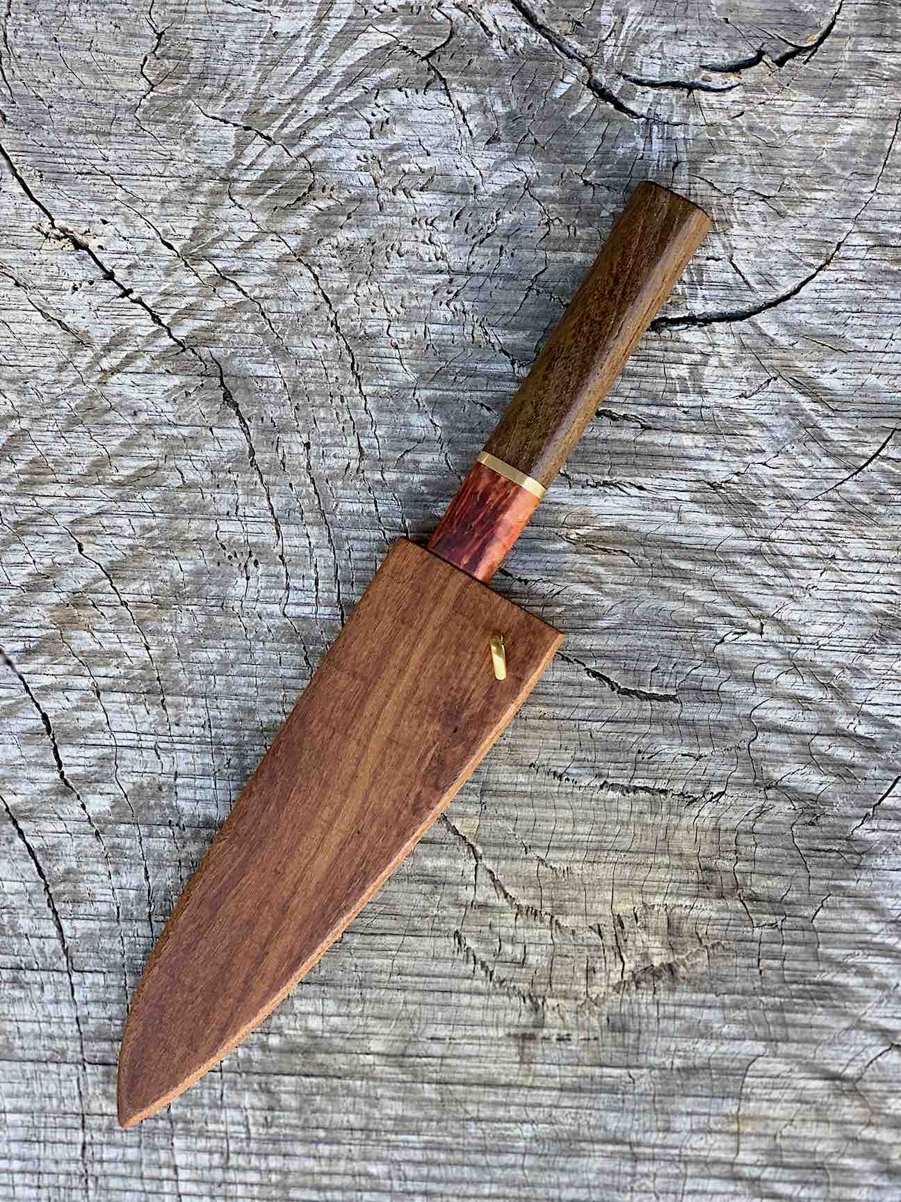 6"/152mm Damascus Honesuki with Dyed Maple, Brass and Teak