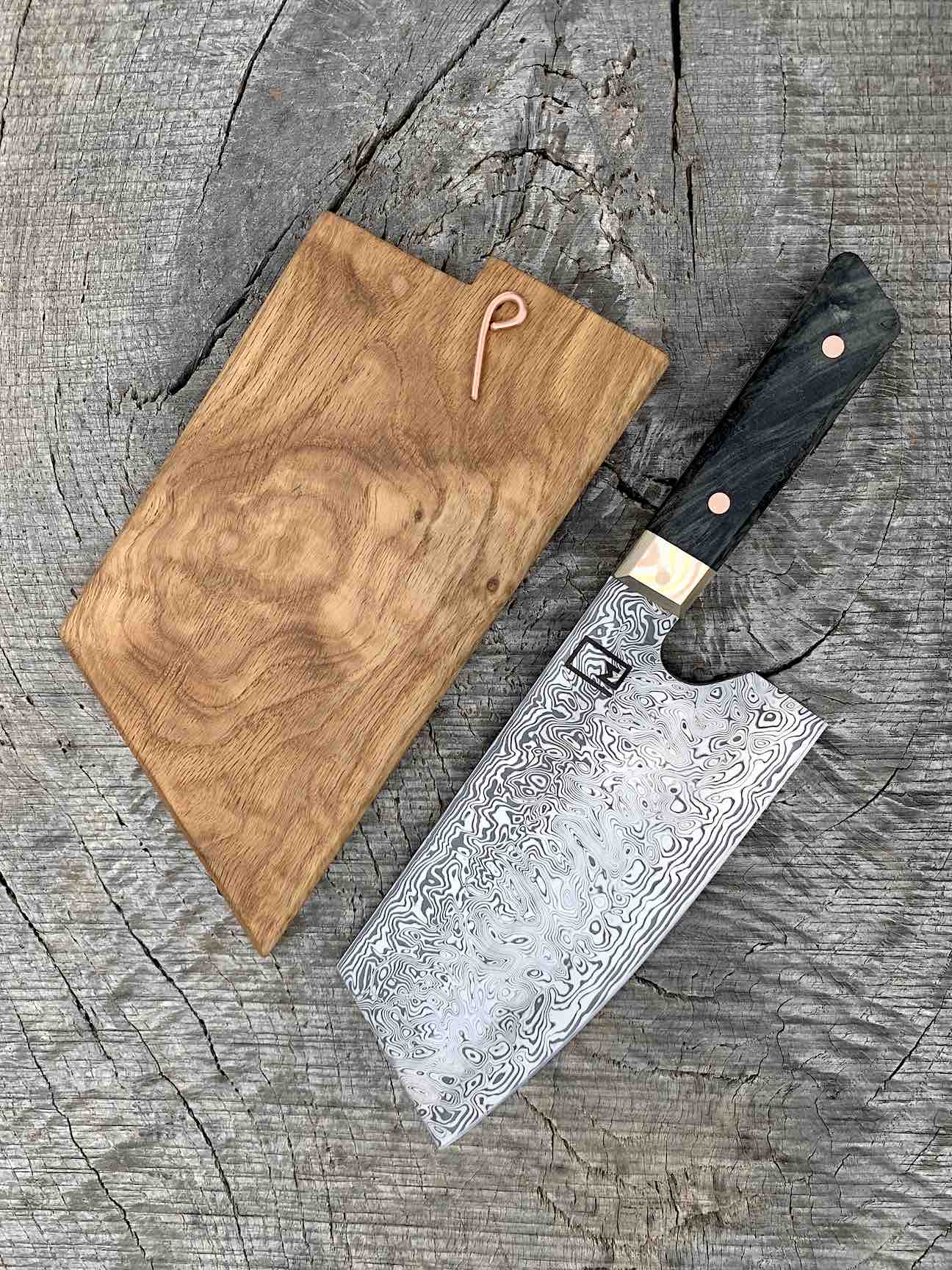 8"/203mm Damascus Cleaver with Mokume and Dyed Maple Burl
