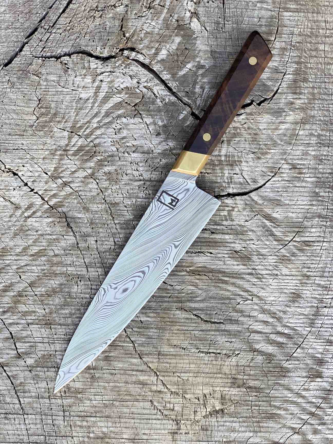 8.75"/220mm Damasteel Gyuto with Walnut and Brass - Fusion Design Series Prototype