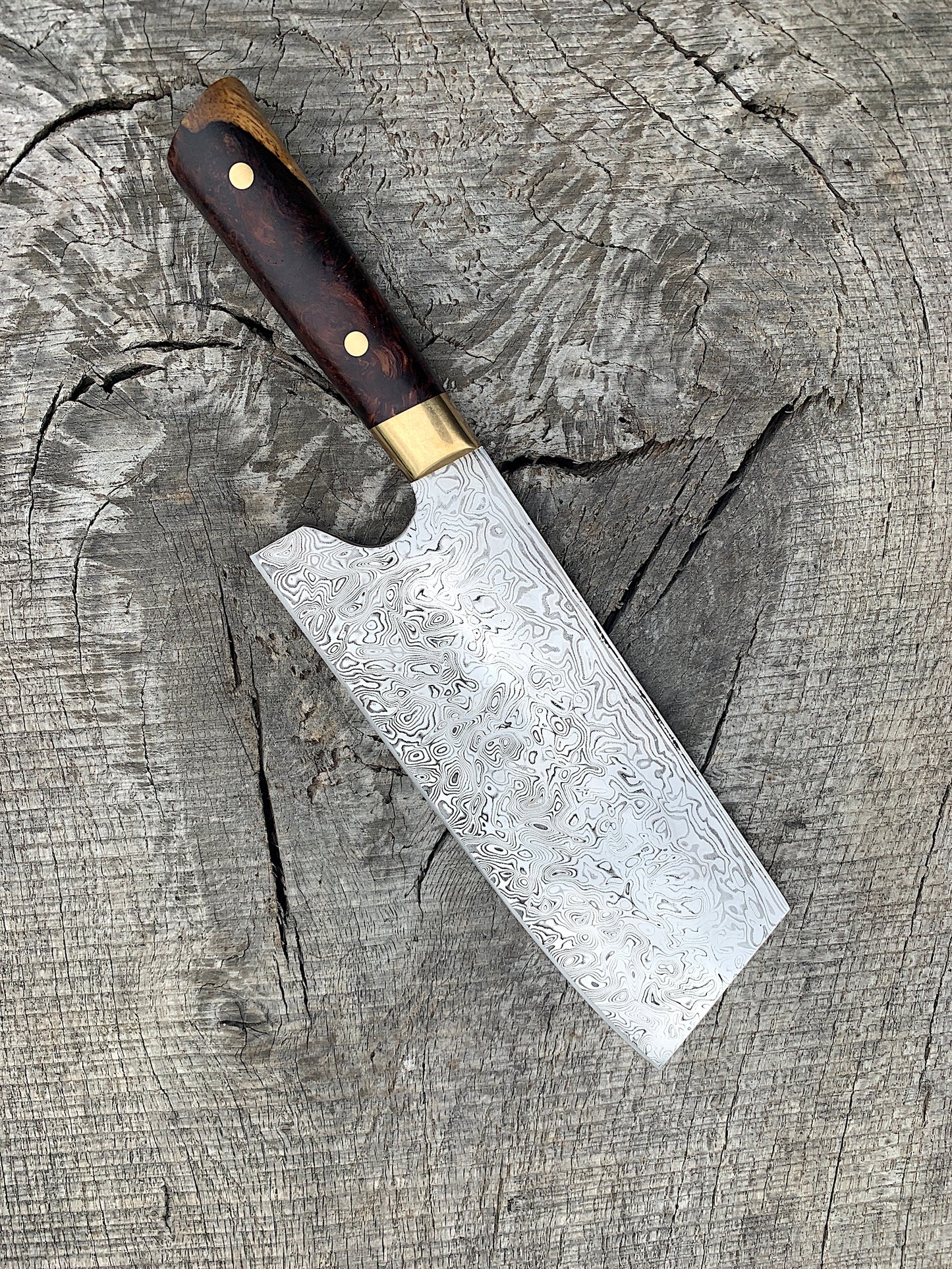 8.5" Stainless Damascus Cleaver with Redwood Burl and Brass
