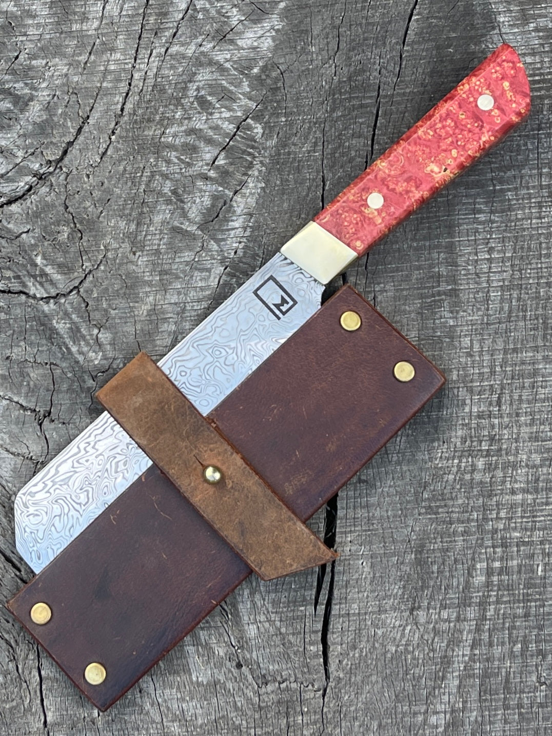 6" Damasteel Cleaver with Dyed Maple and Brass Bolsters