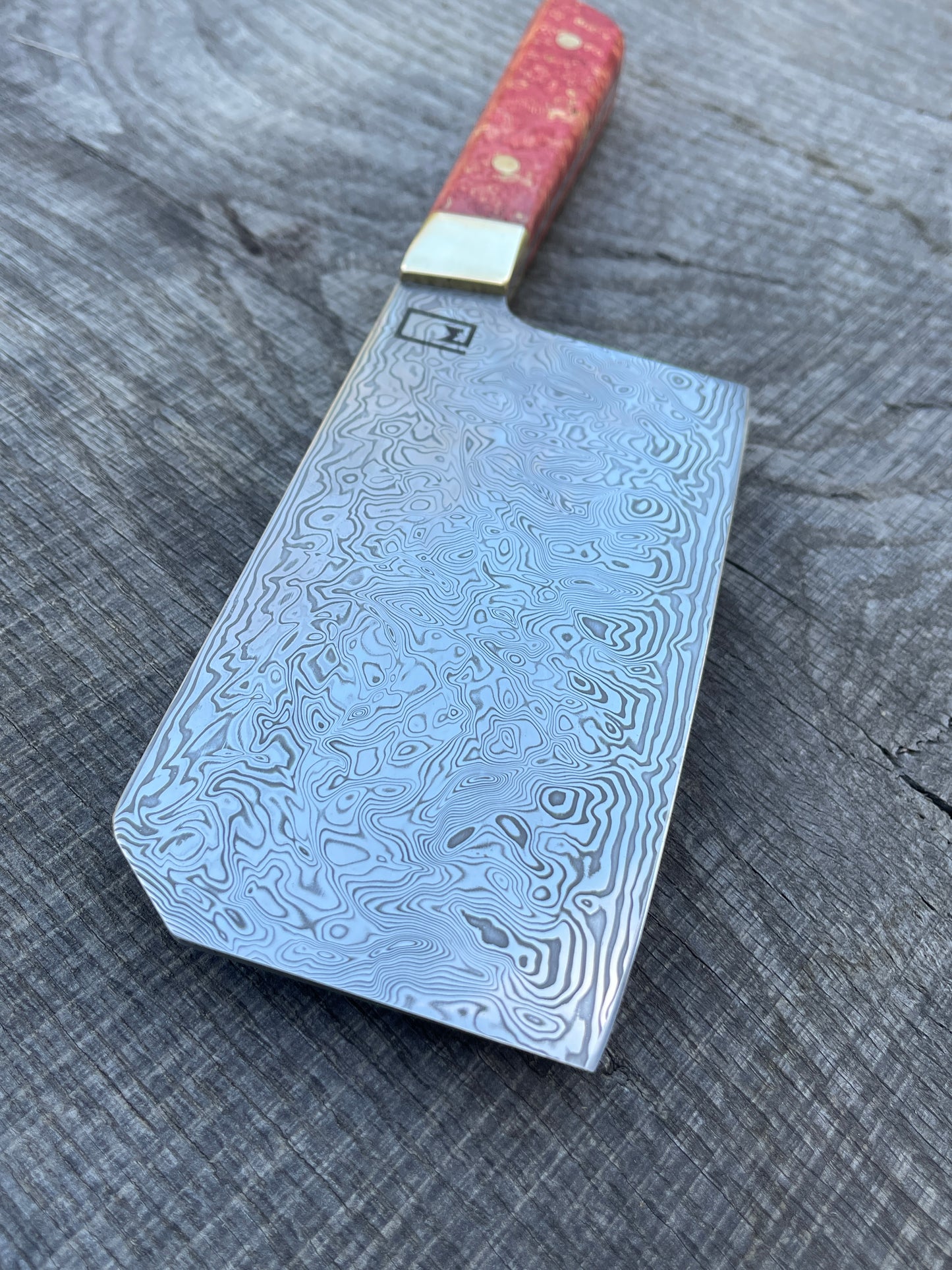 6" Damasteel Cleaver with Dyed Maple and Brass Bolsters