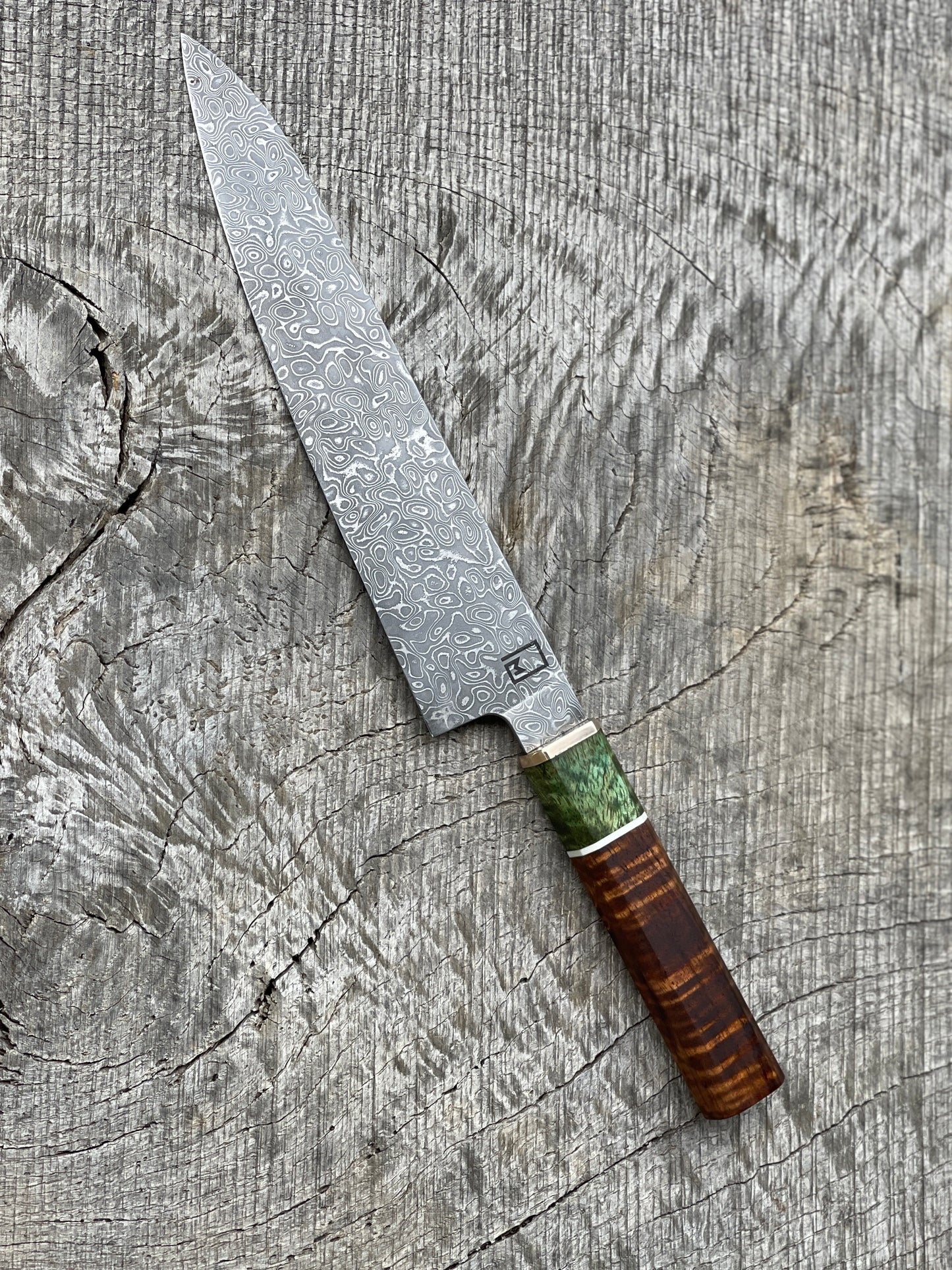 230mm/9" Stainless Damascus Gyuto with Figured Hawaiian Koa and Dyed Mango