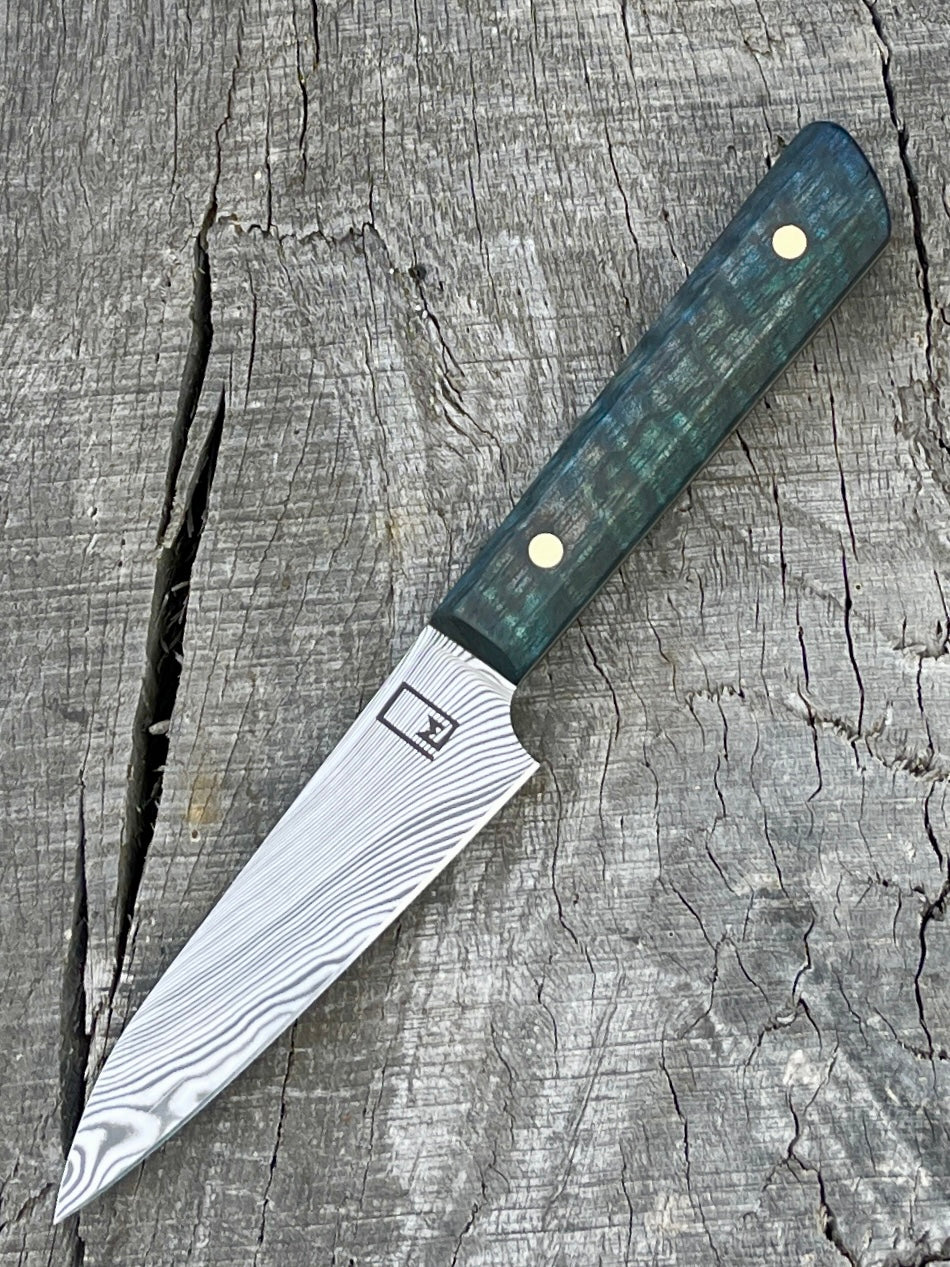 3.5" Damasteel Paring Knife with Twist Pattern & Dyed Figured Mango