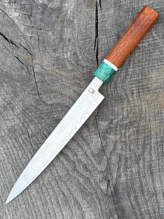 Yanagi-ba Slicer - 9.25" Stainless Damascas clad VG-10 San Mai, Dyed Maple and Mahogany