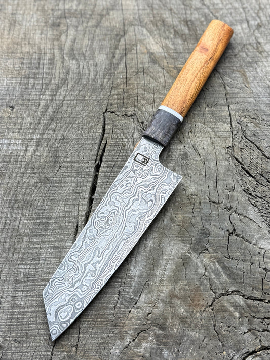 Bunka – 6.5" Carbon Damascus Steel Blade, Mango, Corian and dyed Maple