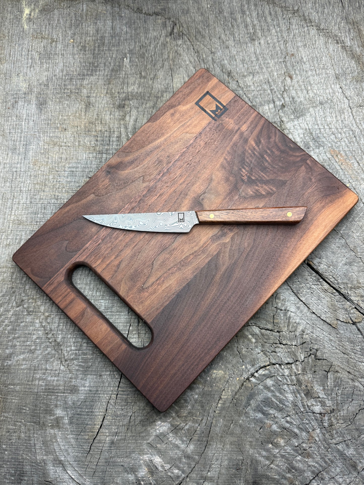 Charcuterie Knife & Board Set - Stainless Damascus and Walnut 4.5"