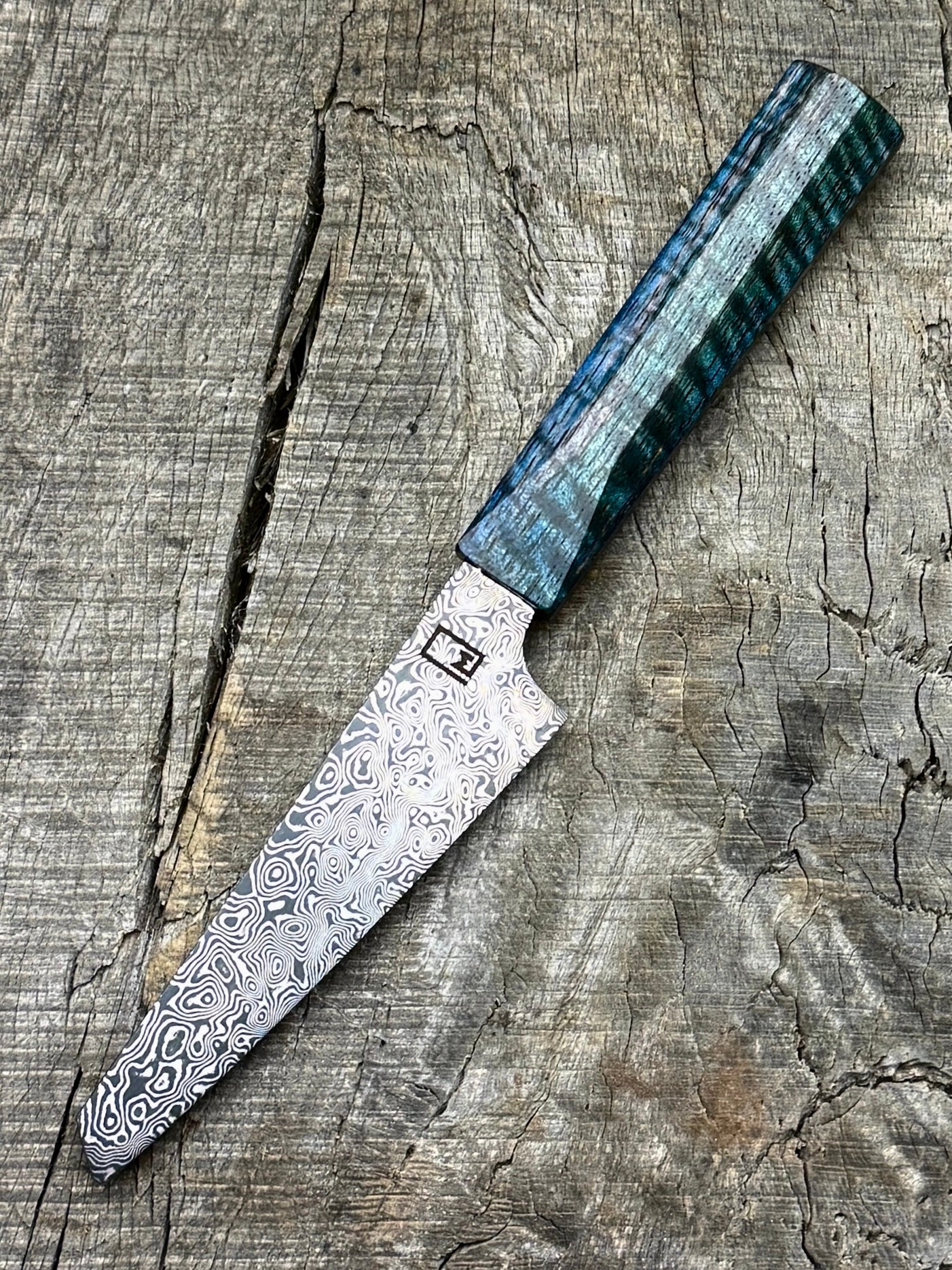 Paring knife with Carbon Damascus and dyed curly Mango 4"