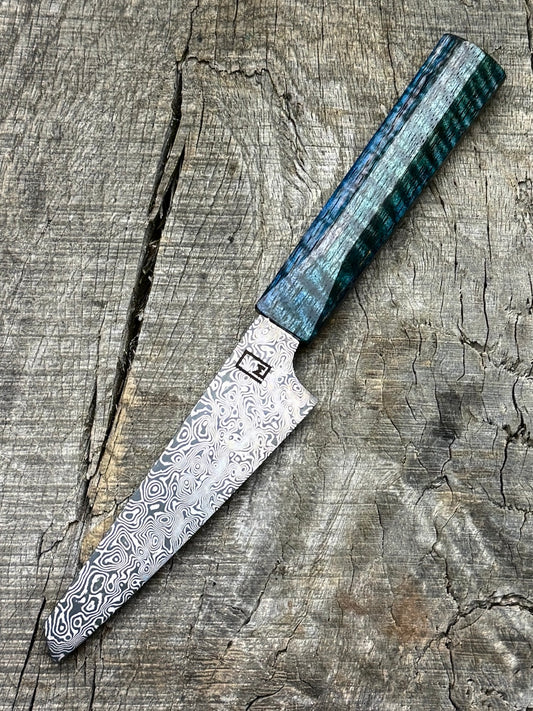 Paring knife with Carbon Damascus and dyed curly Mango 4"