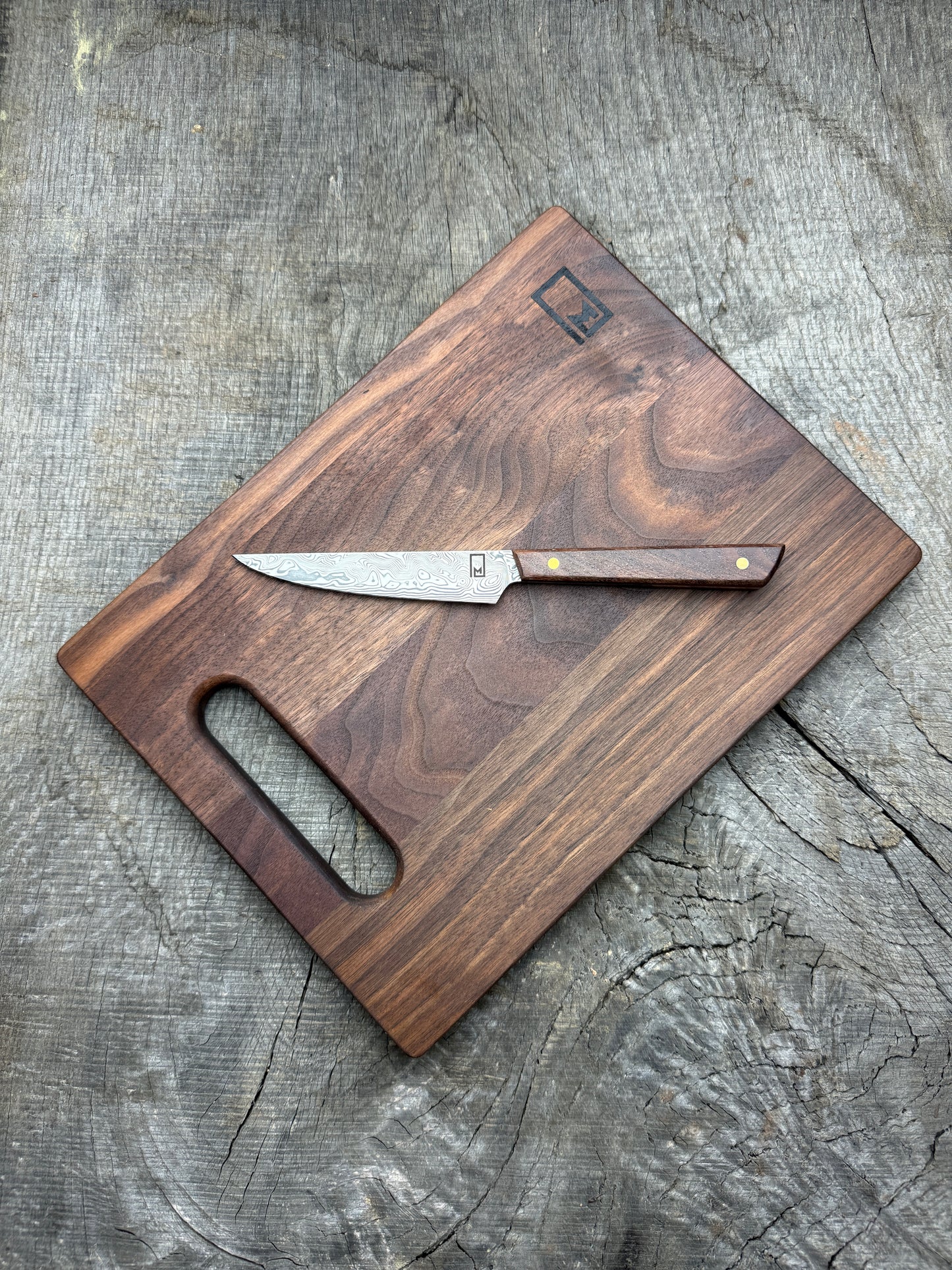 Charcuterie Knife & Board Set - Stainless Damascus and Walnut 4.5"