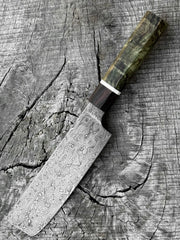 160mm/6.5" Carbon Damascus Nakiri in random pattern with dyed Maple handle