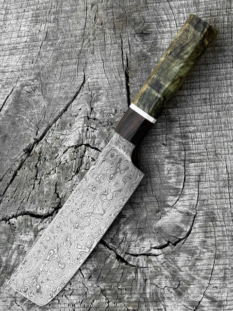 160mm/6.5" Carbon Damascus Nakiri in random pattern with dyed Maple handle