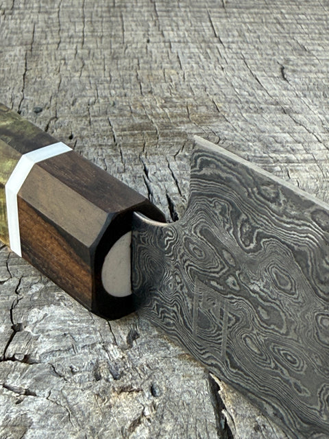160mm/6.5" Carbon Damascus Nakiri in random pattern with dyed Maple handle