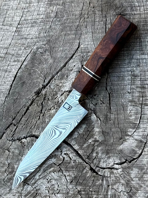 150mm / 6" Honesuki with Damasteel in Twist pattern and Ironwood hidden tang handle